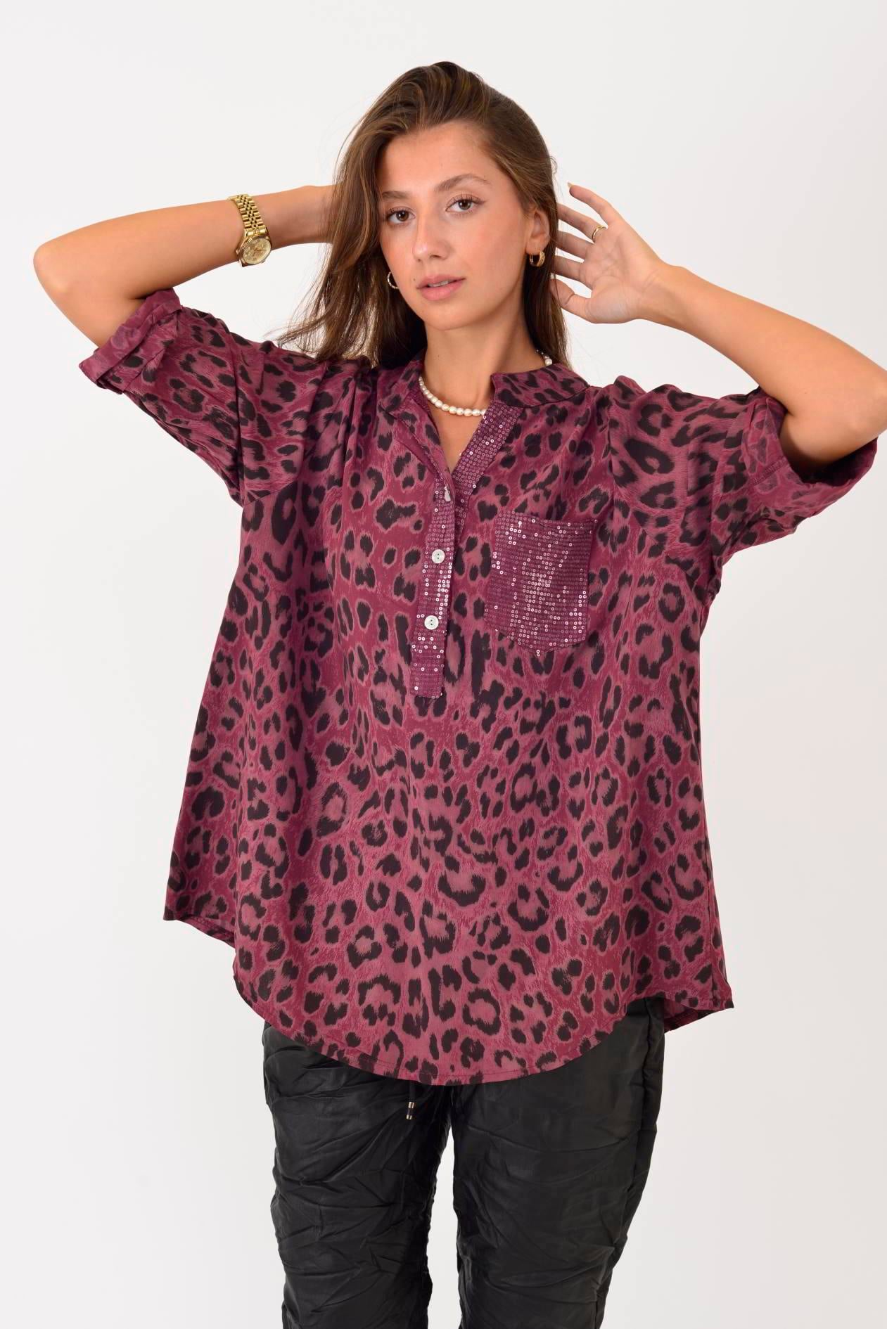 15451-23 LEOPAR DESEN PAYET DETAYLI ÜÇ DÜĞMELİ GÖMLEK