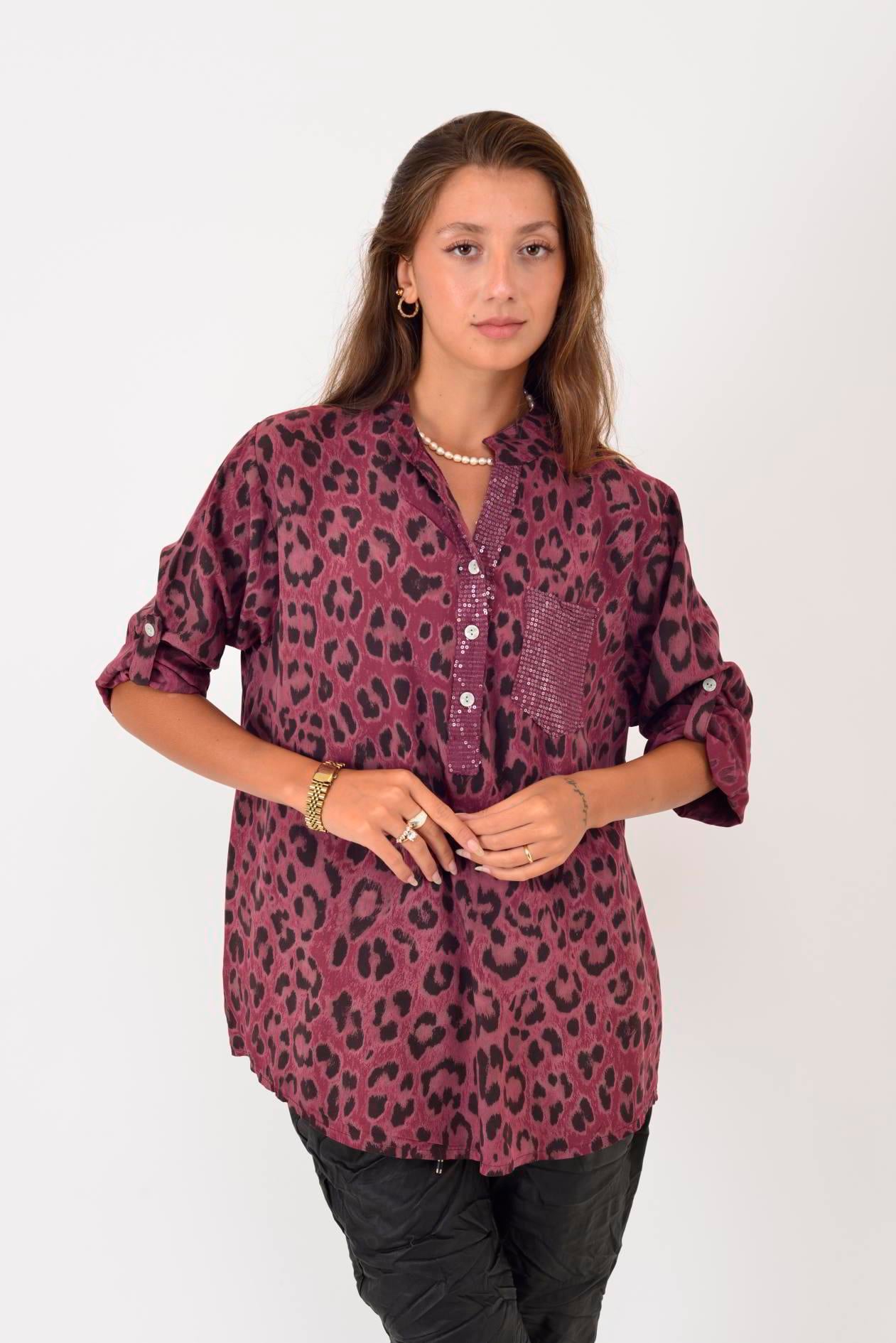 15451-23 LEOPAR DESEN PAYET DETAYLI ÜÇ DÜĞMELİ GÖMLEK