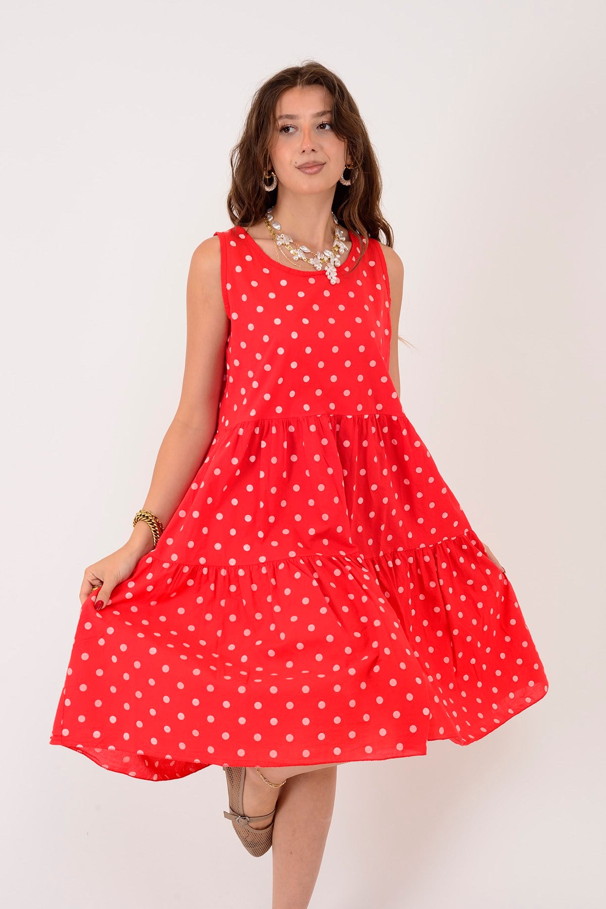 16578 MINNIE PUANTİYE DESEN VOLANLI KOLSUZ KISA ELBİSE