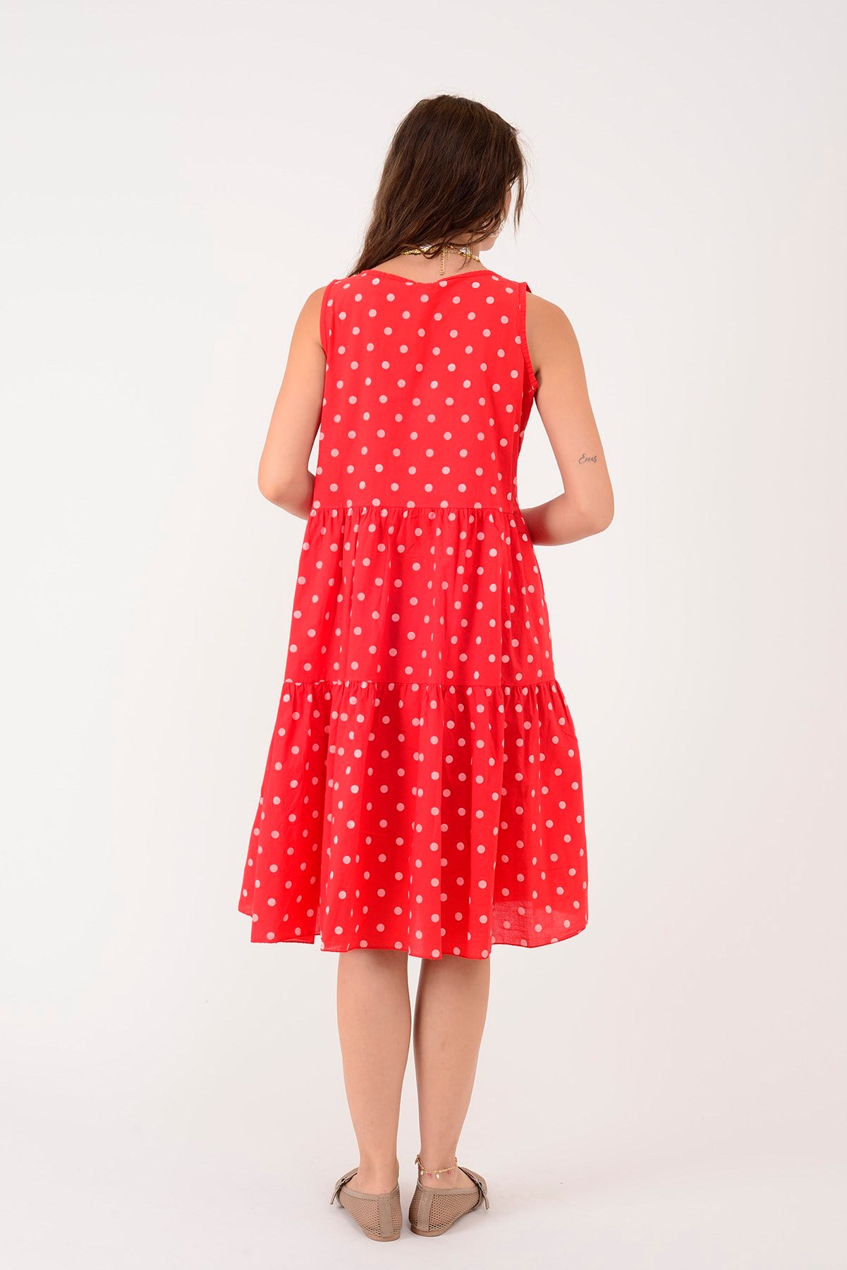 16578 MINNIE PUANTİYE DESEN VOLANLI KOLSUZ KISA ELBİSE