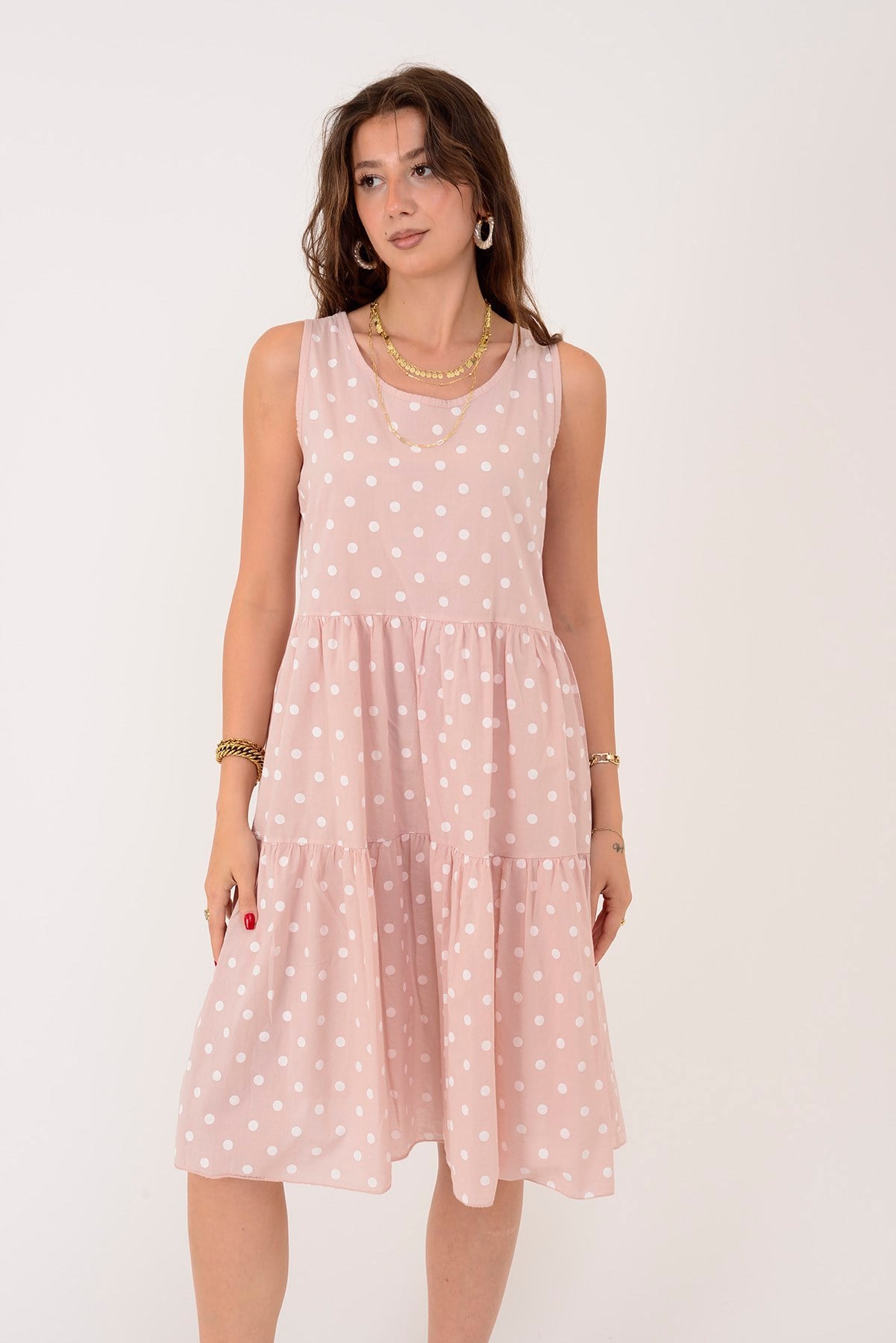 16578 MINNIE PUANTİYE DESEN VOLANLI KOLSUZ KISA ELBİSE