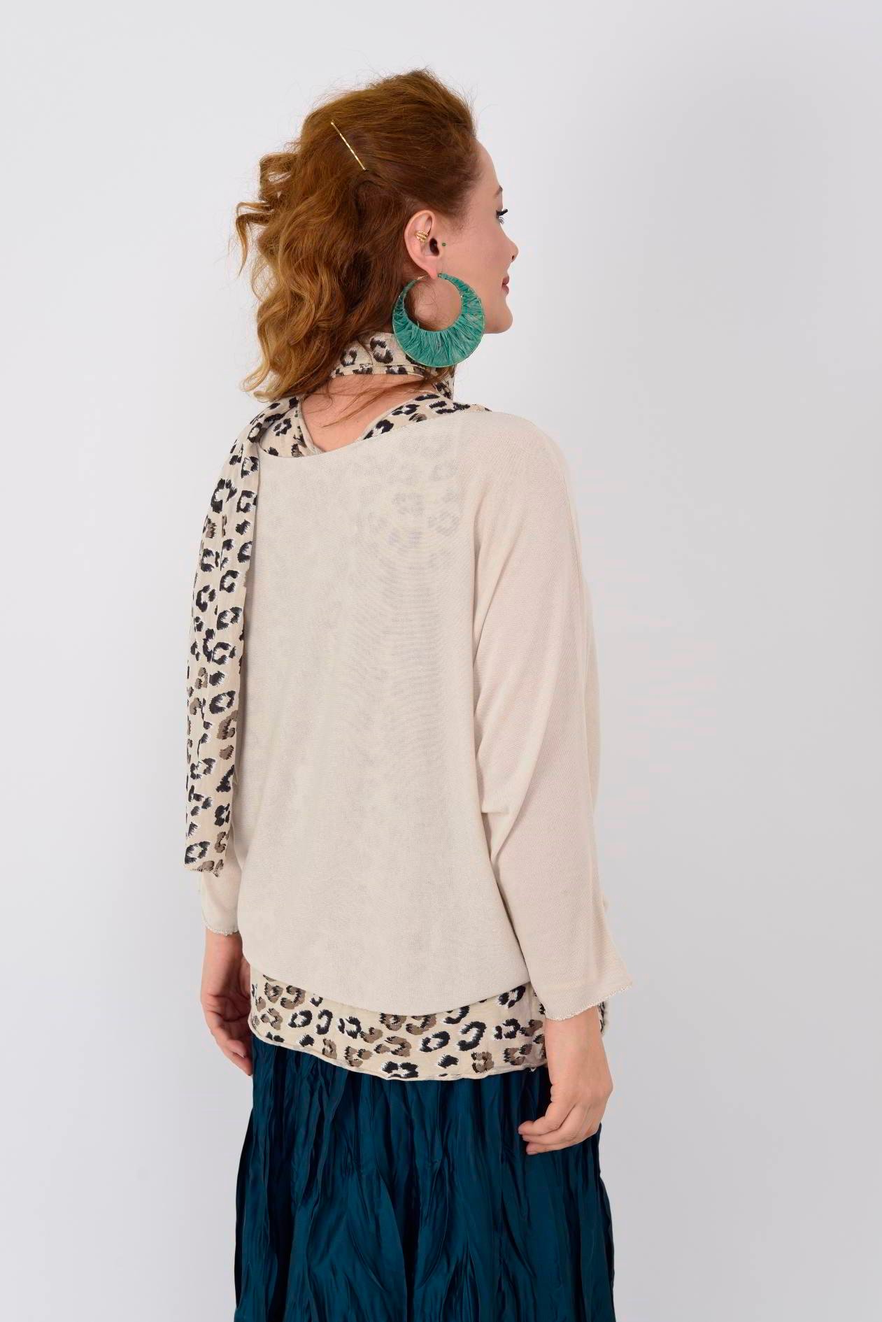 19005 FULAR DETAYLI LEOPAR DESEN İNCE TRİKO BLUZ