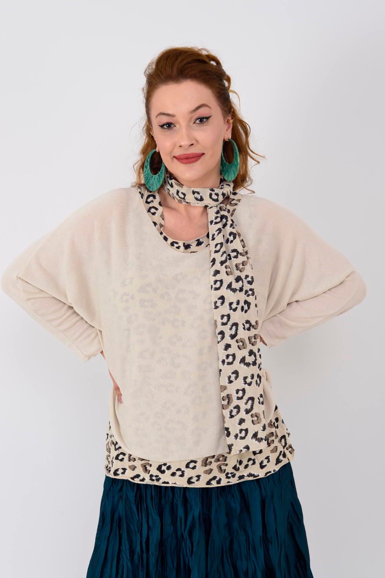 19005 FULAR DETAYLI LEOPAR DESEN İNCE TRİKO BLUZ