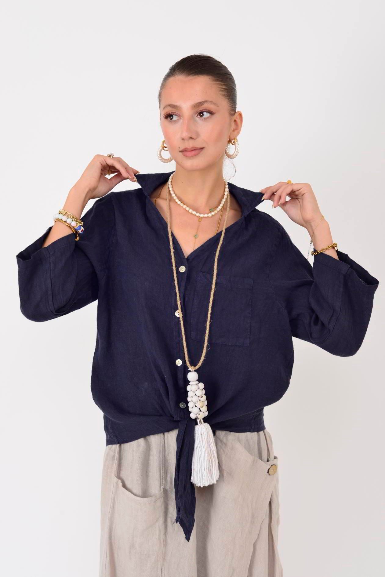 20-62 SIRTI GÜPÜRLÜ ÖNDEN BAĞLAMALI KETEN GÖMLEK