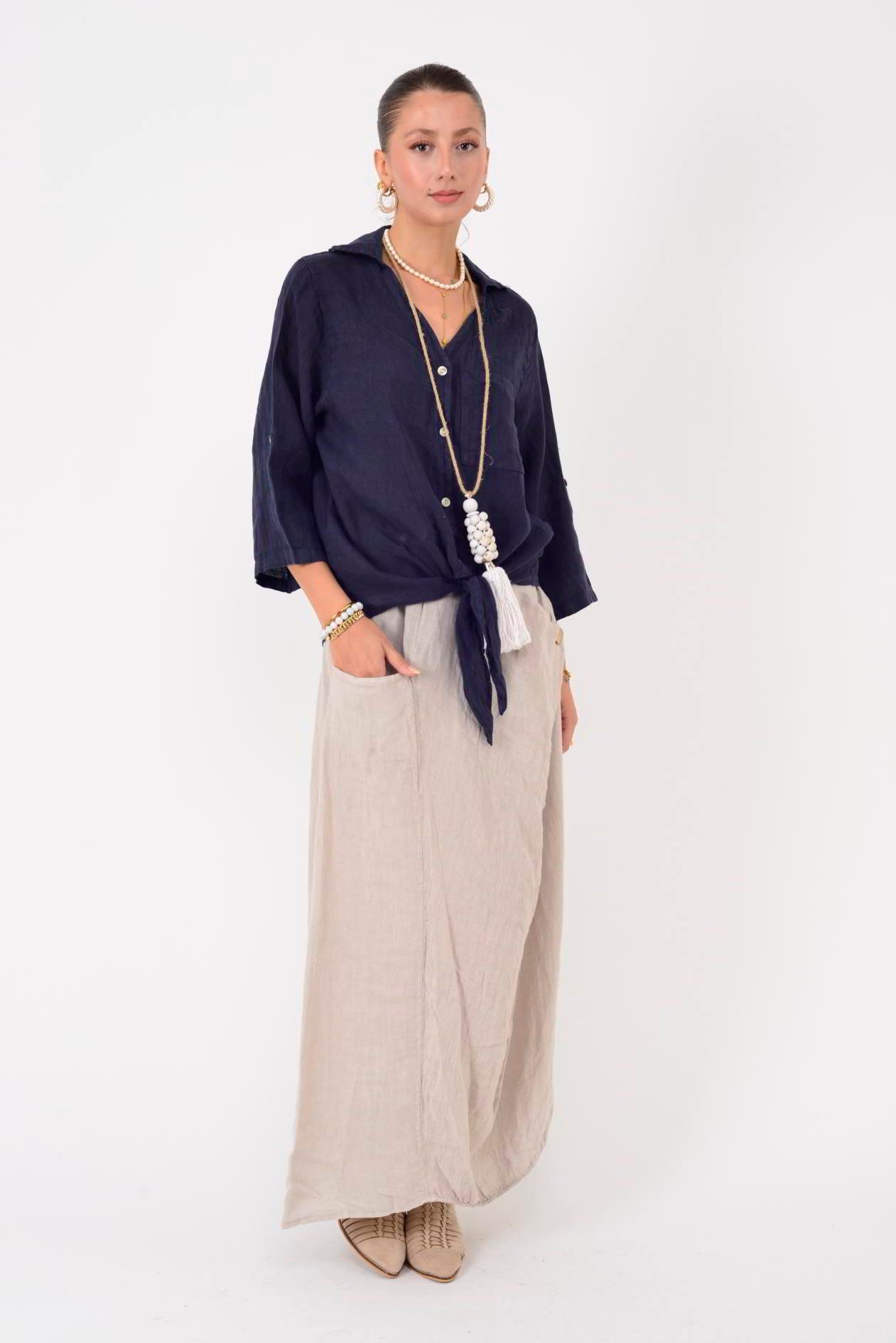 20-62 SIRTI GÜPÜRLÜ ÖNDEN BAĞLAMALI KETEN GÖMLEK