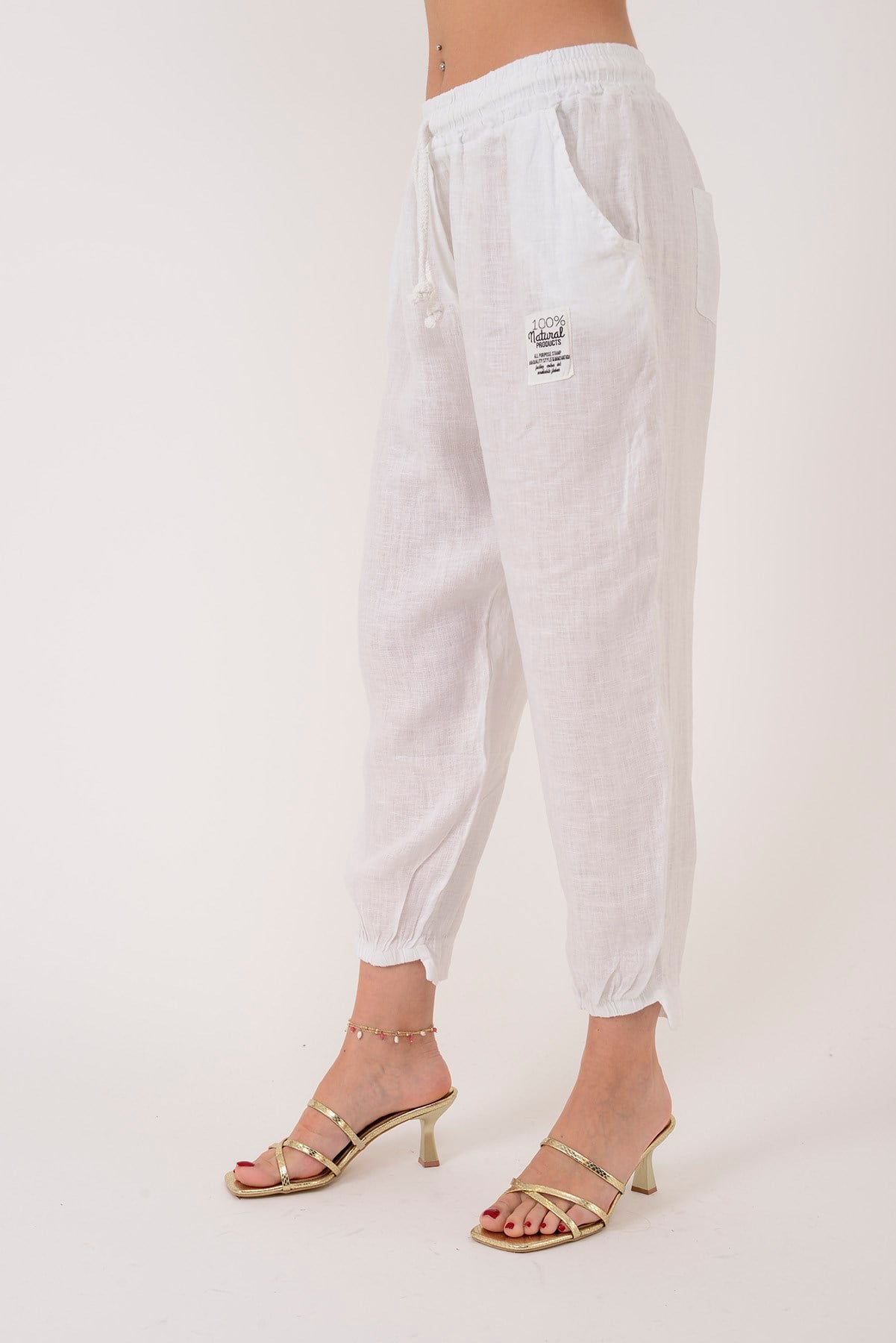 20836 PAÇASI LASTİK DETAYLI JOGGER KETEN PANTOLON