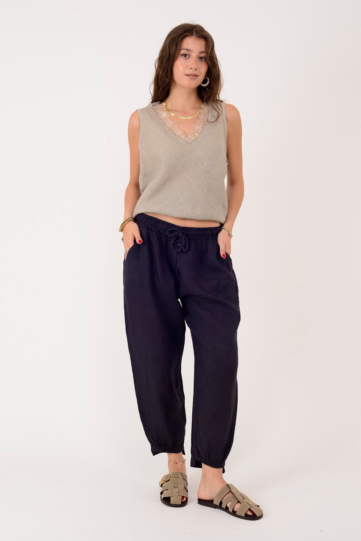 20836 PAÇASI LASTİK DETAYLI JOGGER KETEN PANTOLON