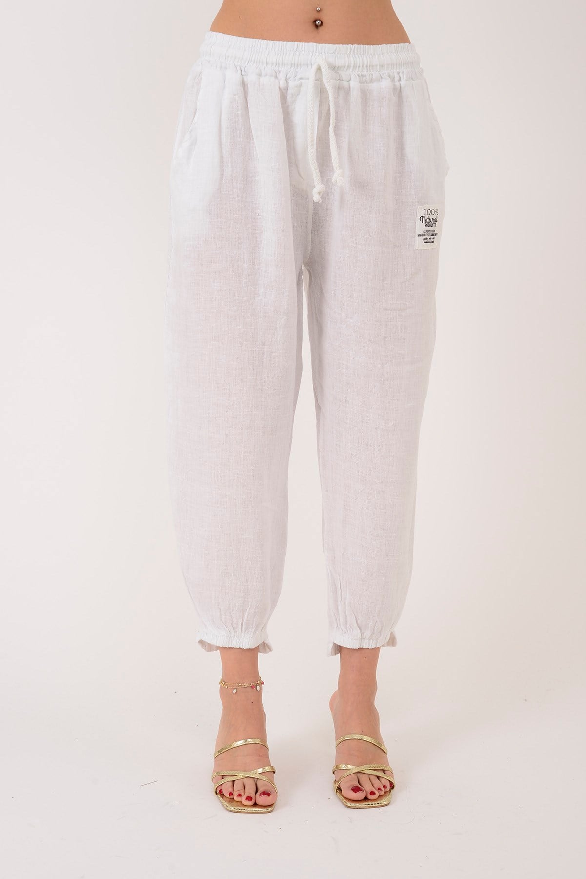 20836 PAÇASI LASTİK DETAYLI JOGGER KETEN PANTOLON