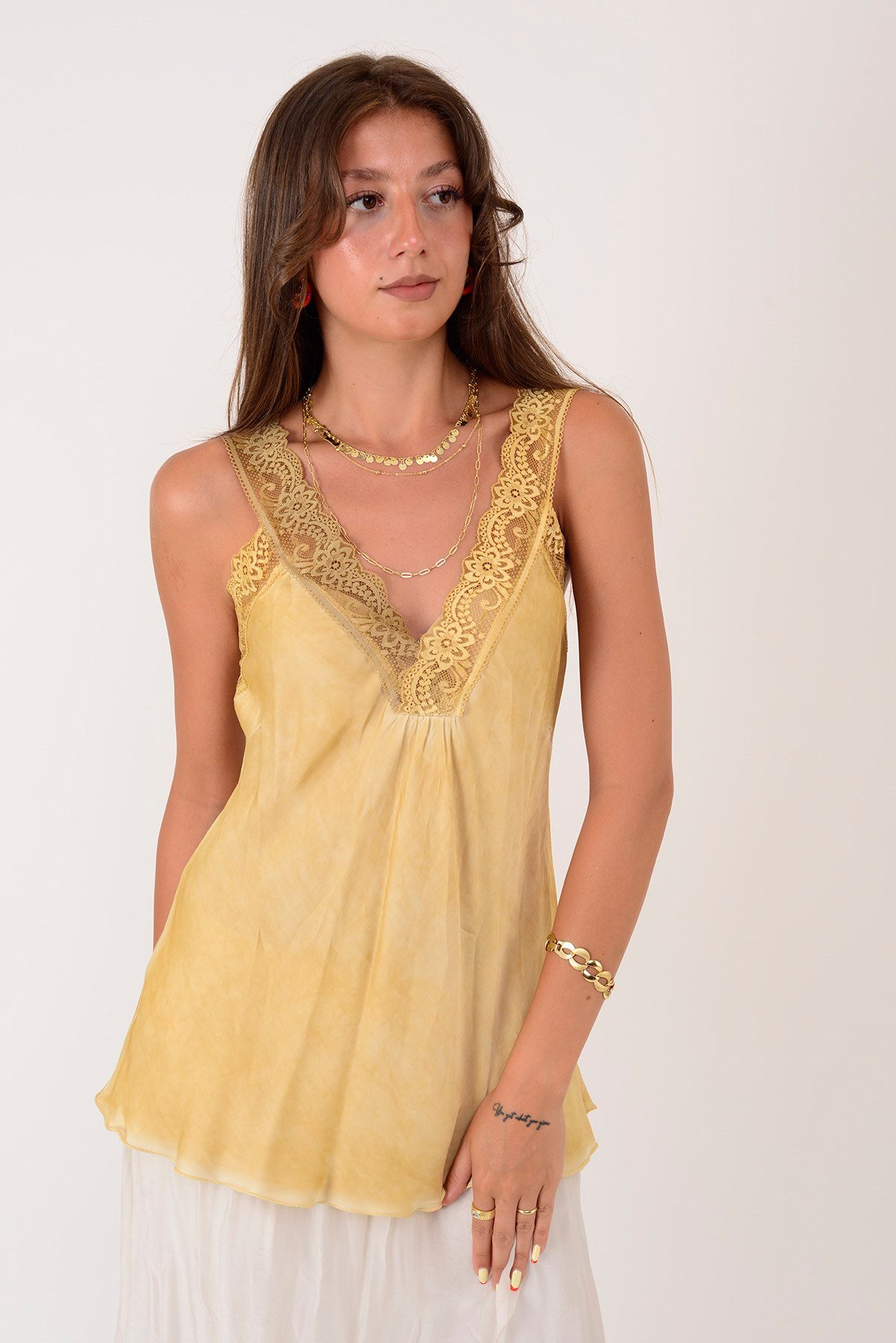 21336 KALIN ASKILI DANTELLİ SATEN BLUZ