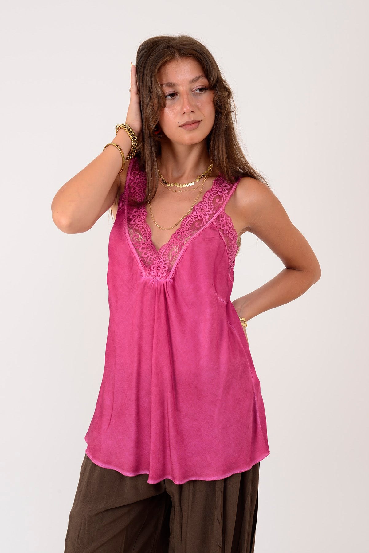 21336 KALIN ASKILI DANTELLİ SATEN BLUZ
