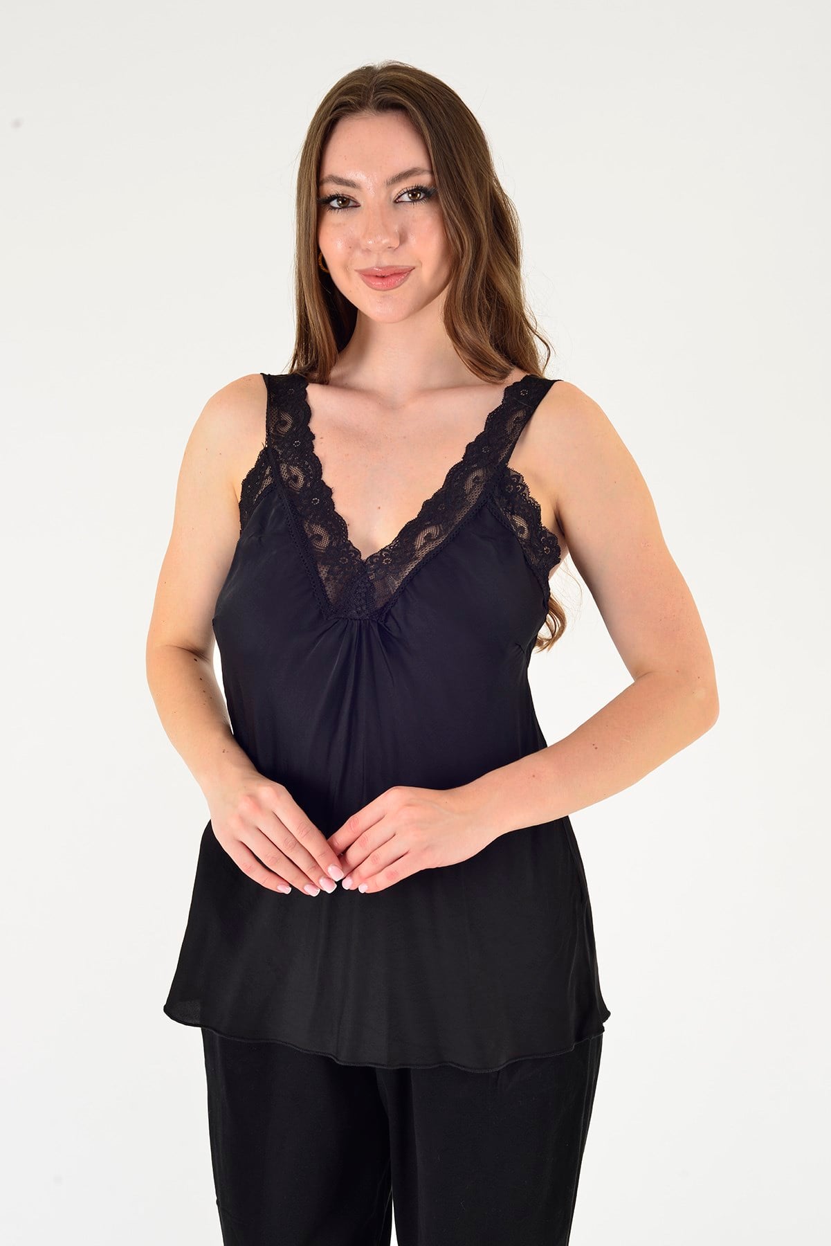 21336 KALIN ASKILI DANTELLİ SATEN BLUZ