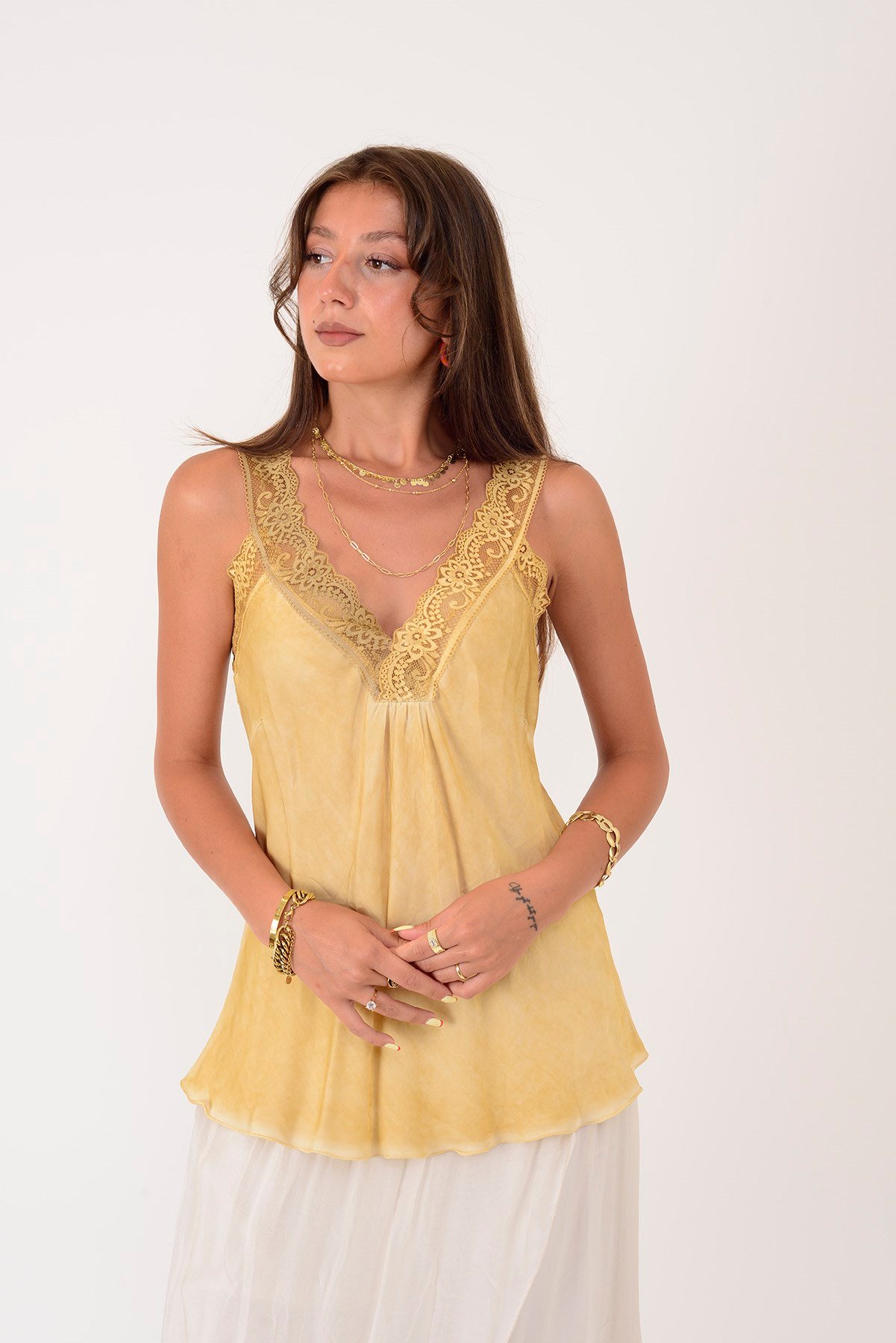 21336 KALIN ASKILI DANTELLİ SATEN BLUZ
