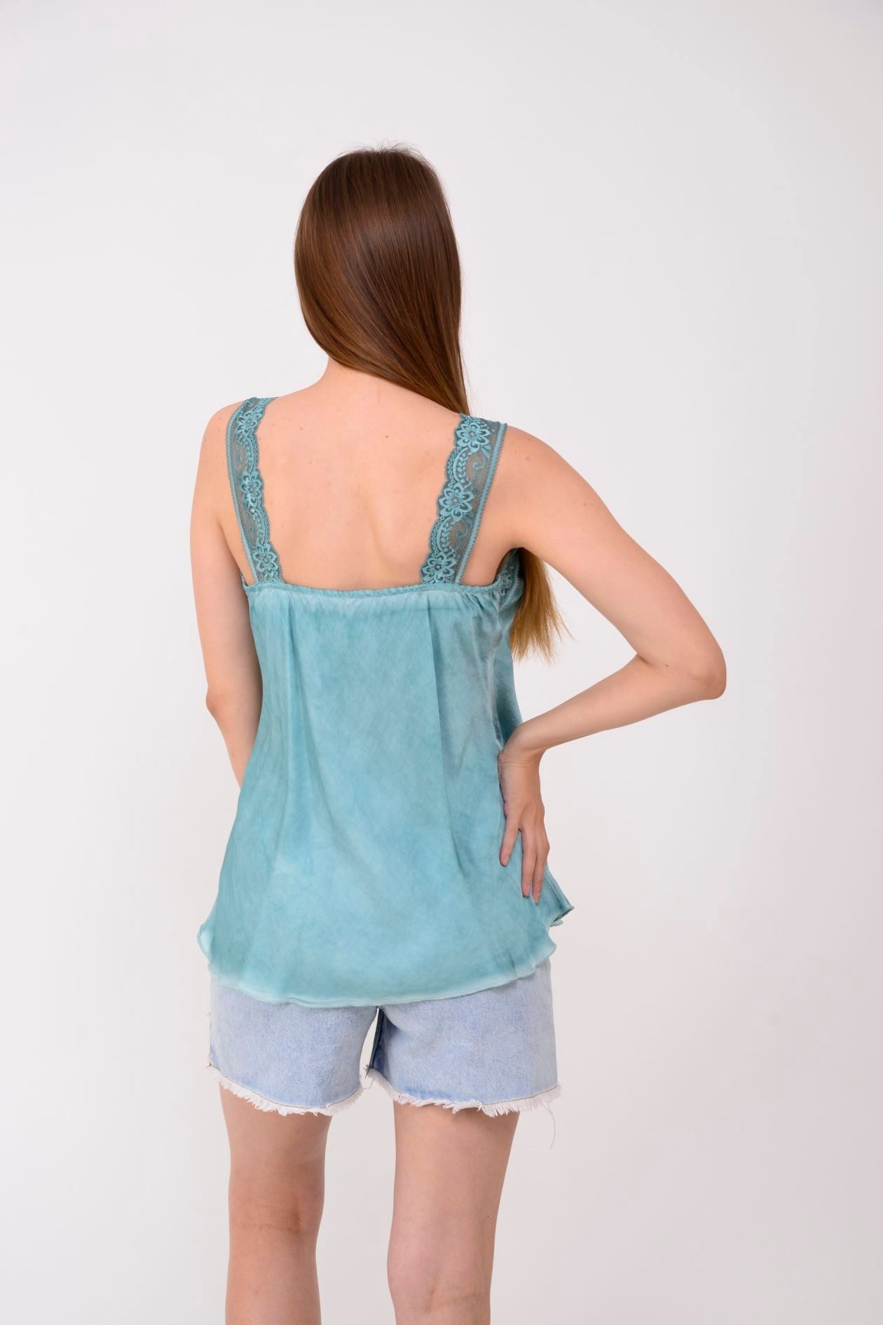 21336 V YAKA ASKILI DANTELLİ BLUZ