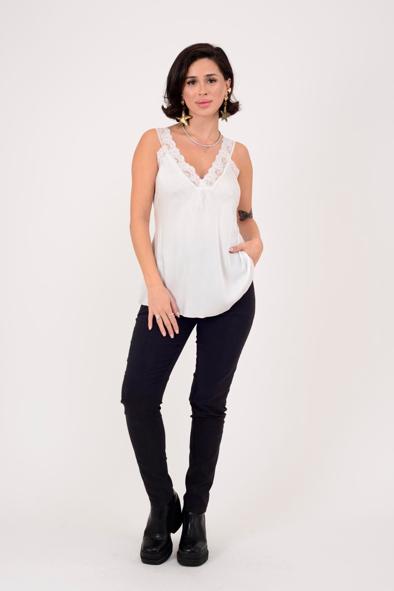 21336 V YAKA ASKILI DANTELLİ BLUZ