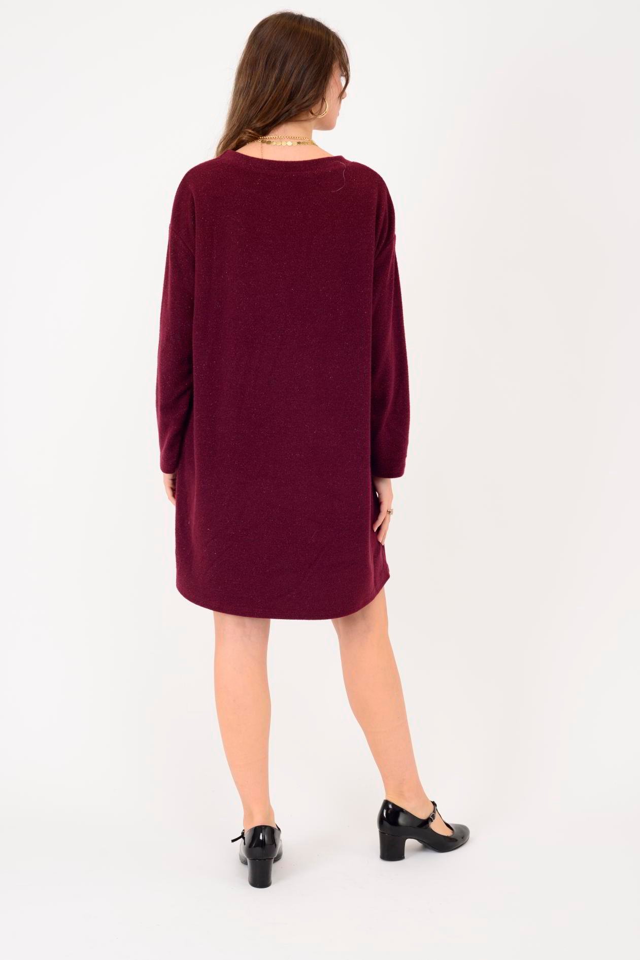 21458 V BROŞ DETAYLI SİMLİ TRİKO DOKULU KISA ELBİSE