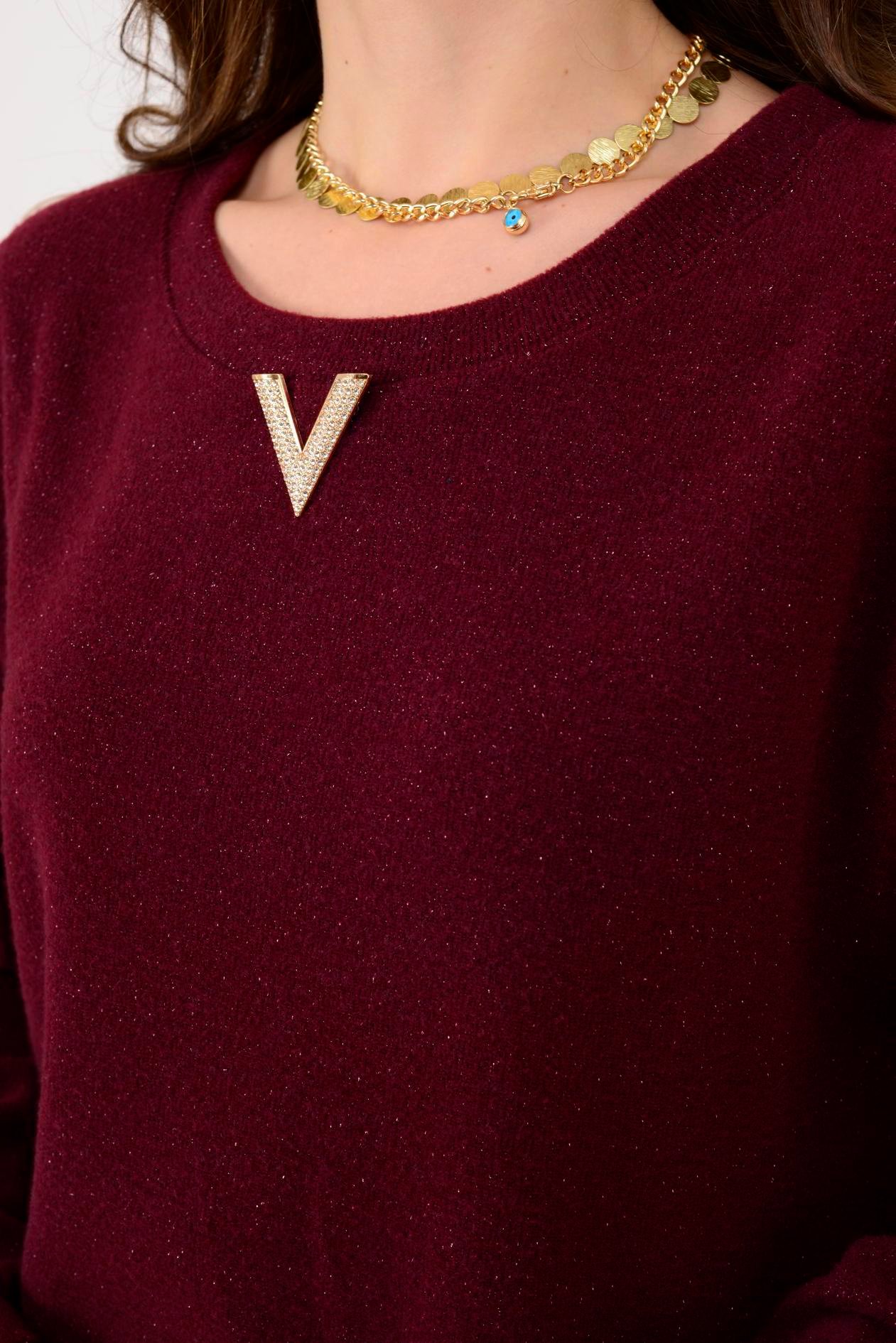 21458 V BROŞ DETAYLI SİMLİ TRİKO DOKULU KISA ELBİSE