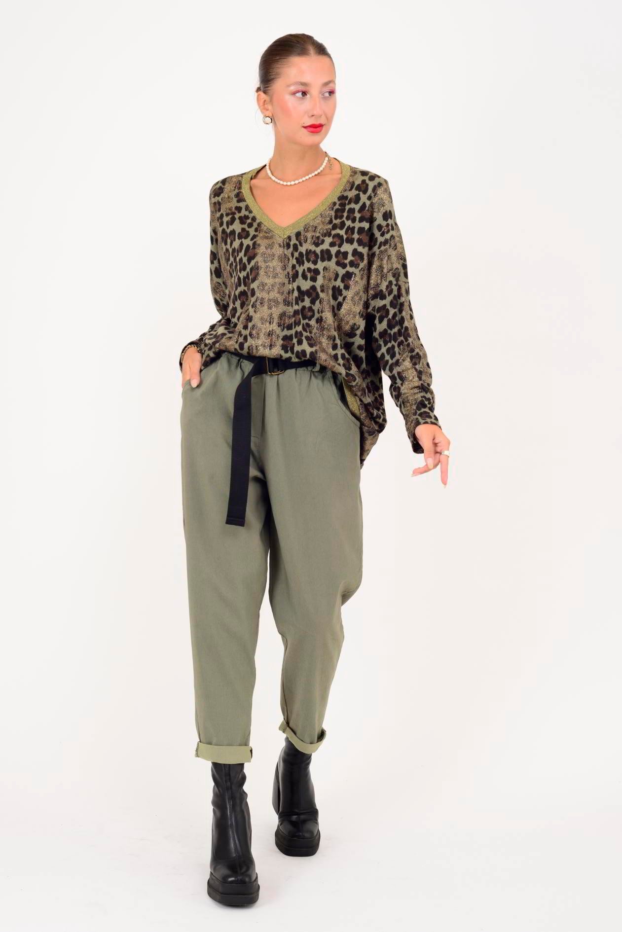 21812 LEOPAR DESENLİ V YAKA YALDIZLI TRİKO