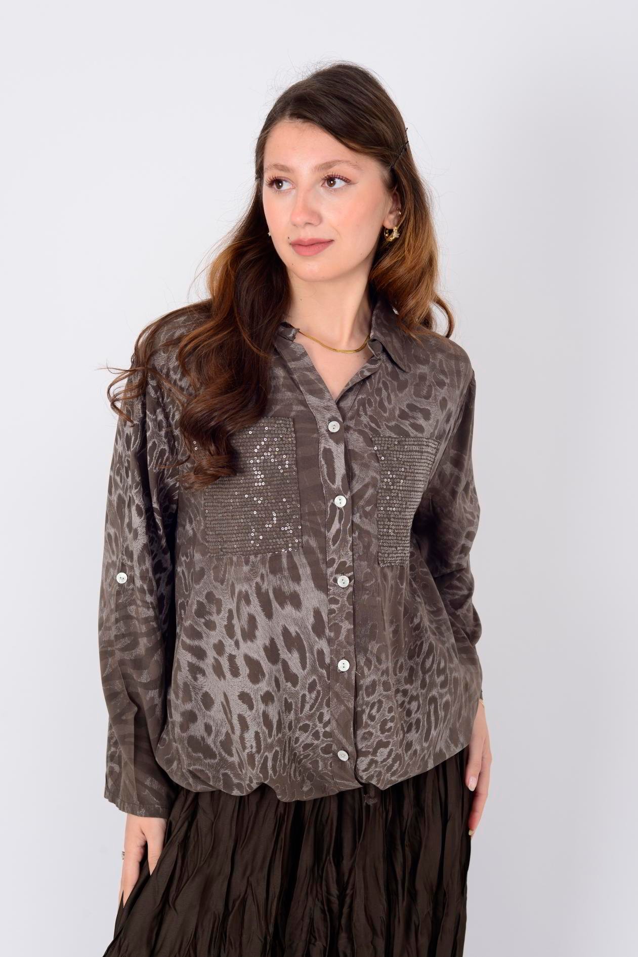 22007-1 LEOPAR DESEN İP DETAYLI PAYETLİ GÖMLEK