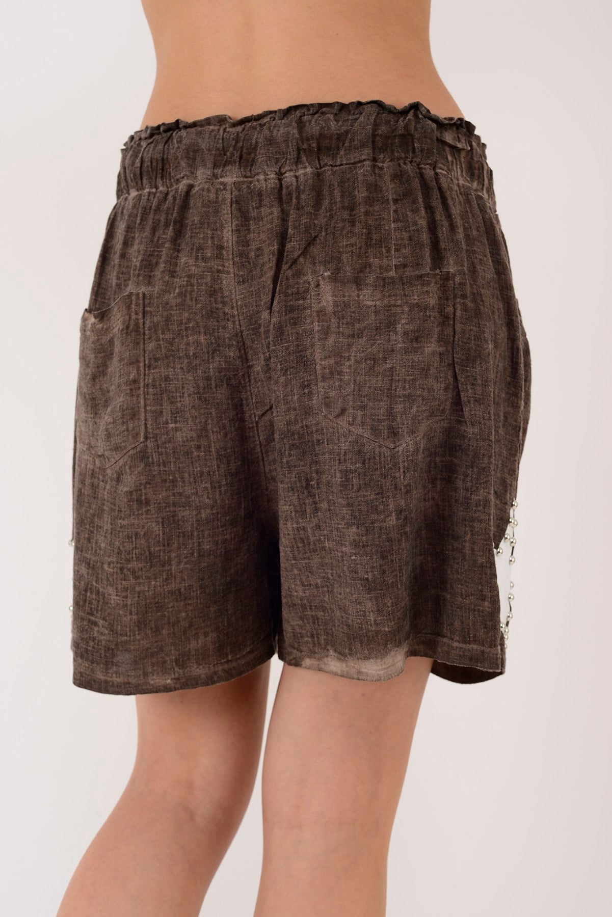 22442 STAR YILDIZ TAŞ DETAYLI KETEN ŞORT