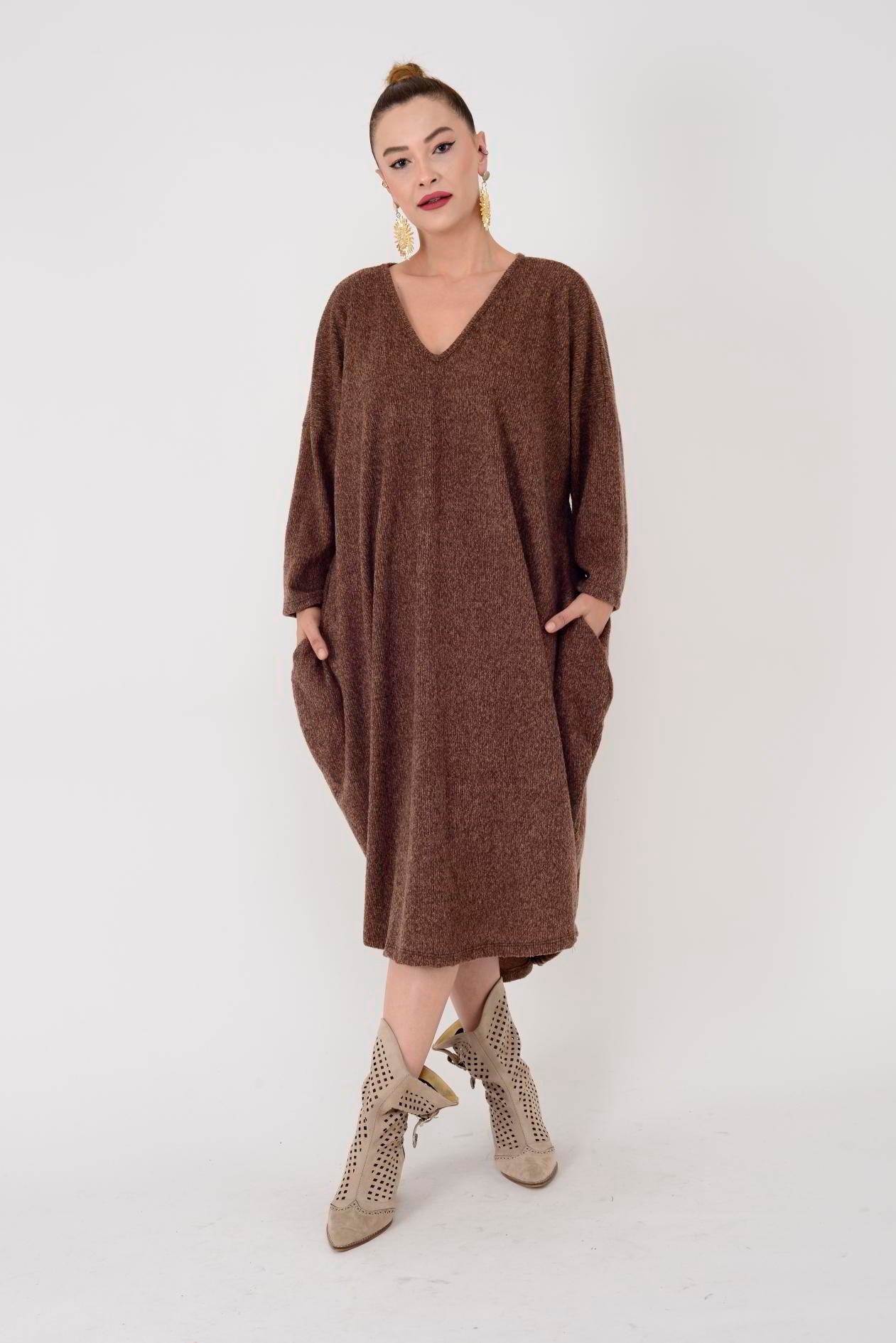 23-6364 JERSEY CEP DETAYLI V YAKA TRİKO ELBİSE