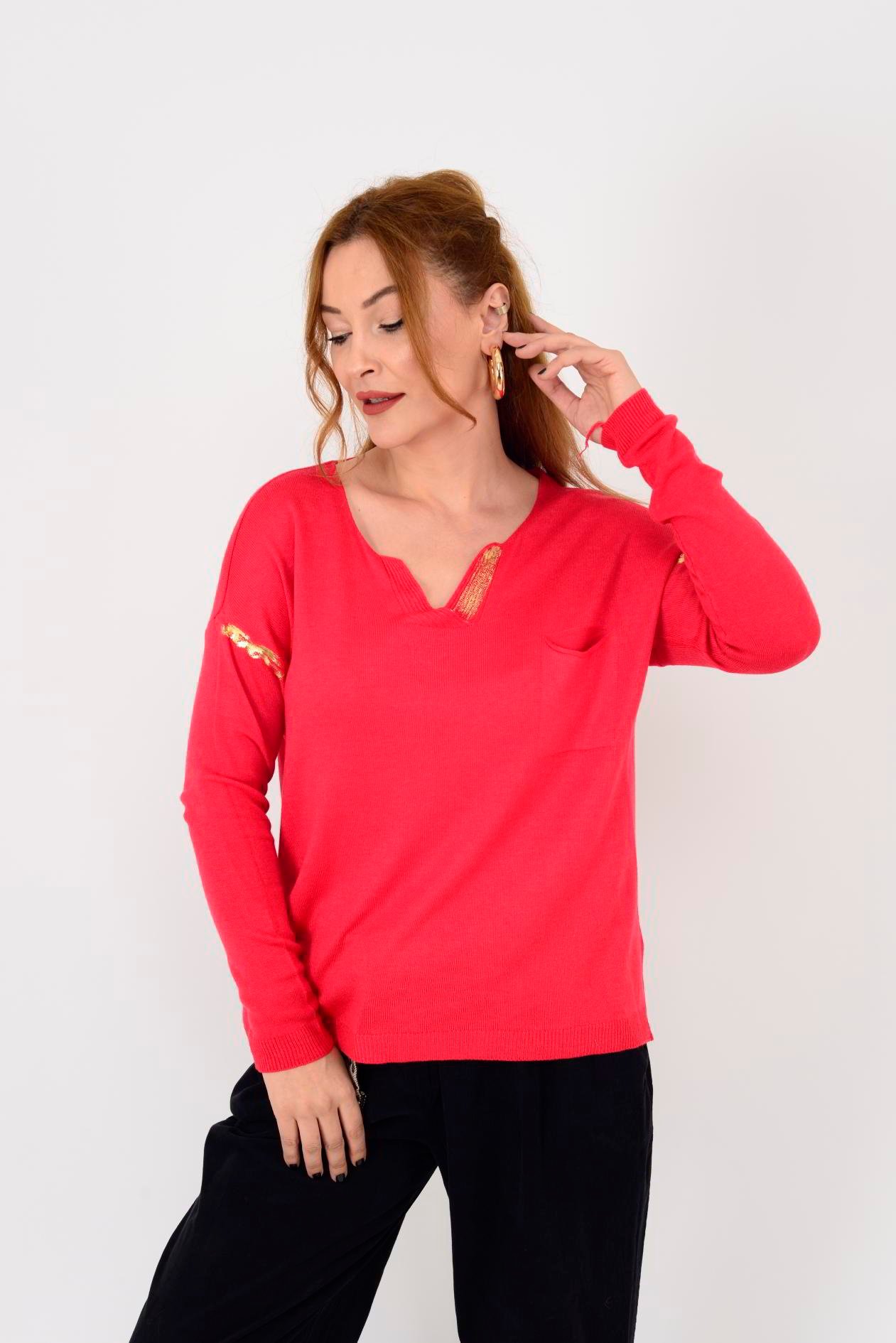 23182 GOLD DETAYLI V YAKA İNCE TRİKO BLUZ