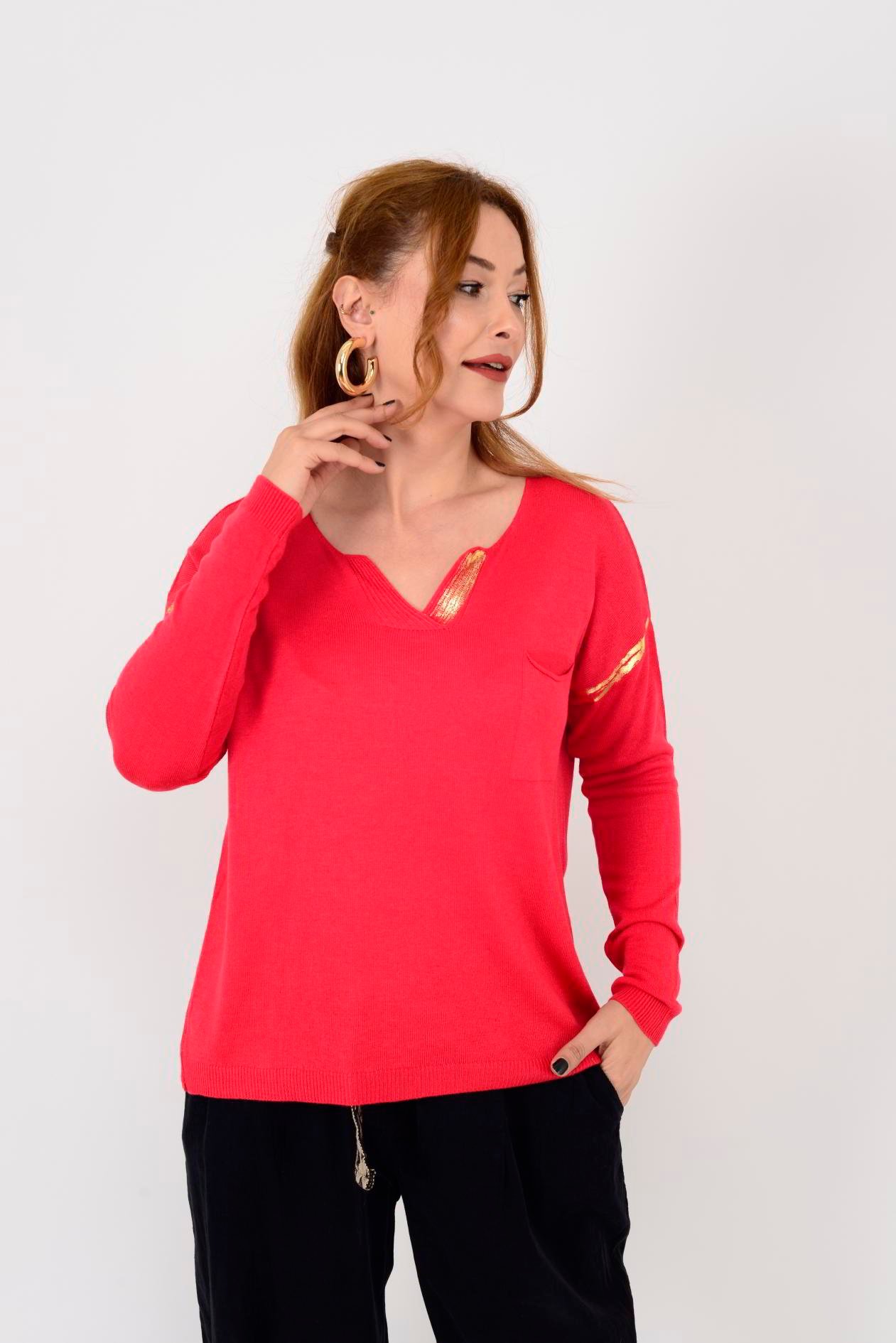 23182 GOLD DETAYLI V YAKA İNCE TRİKO BLUZ