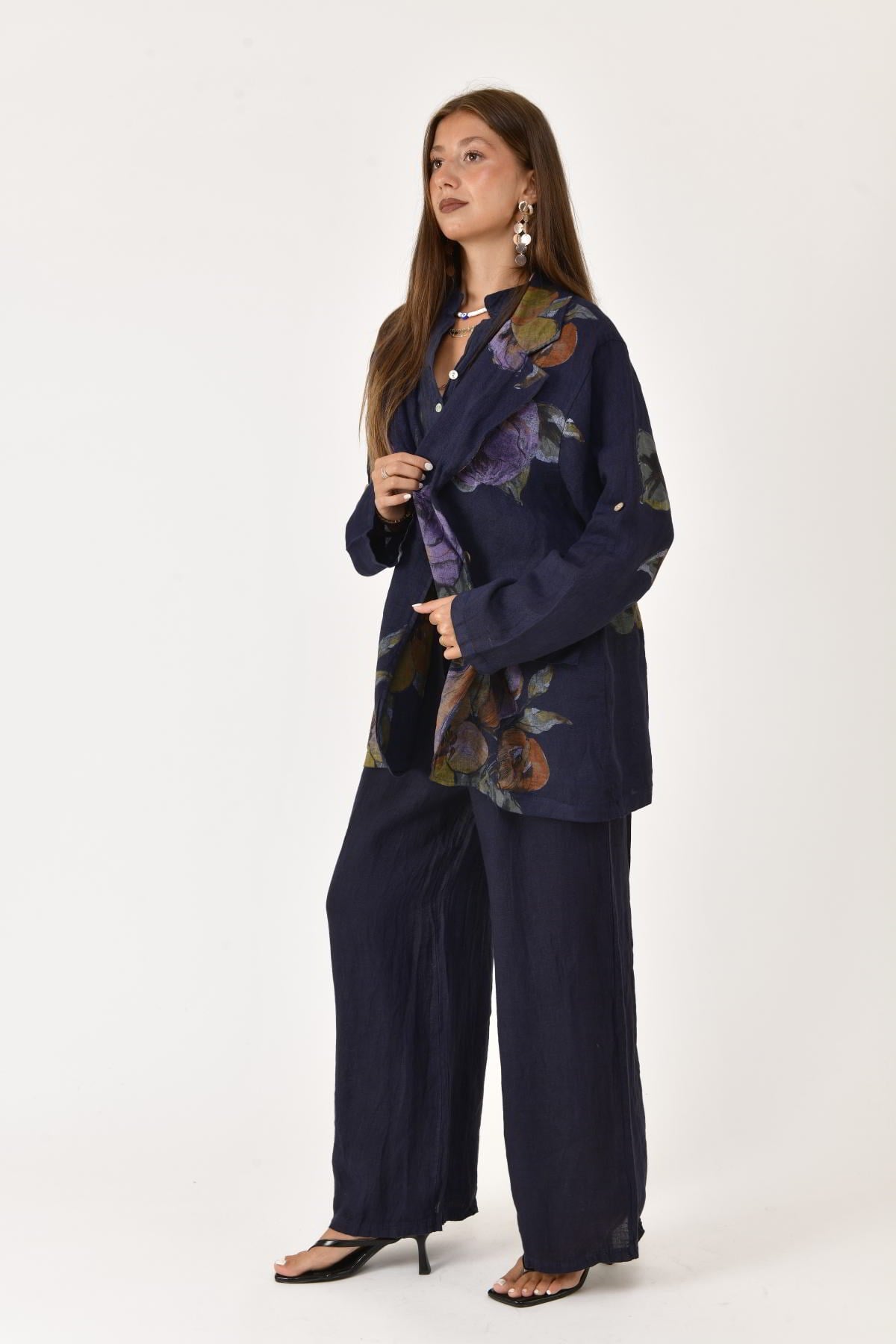 24397 SPRING ÇİÇEK DESEN BLAZER CEKETLİ 2'Lİ KETEN TAKIM