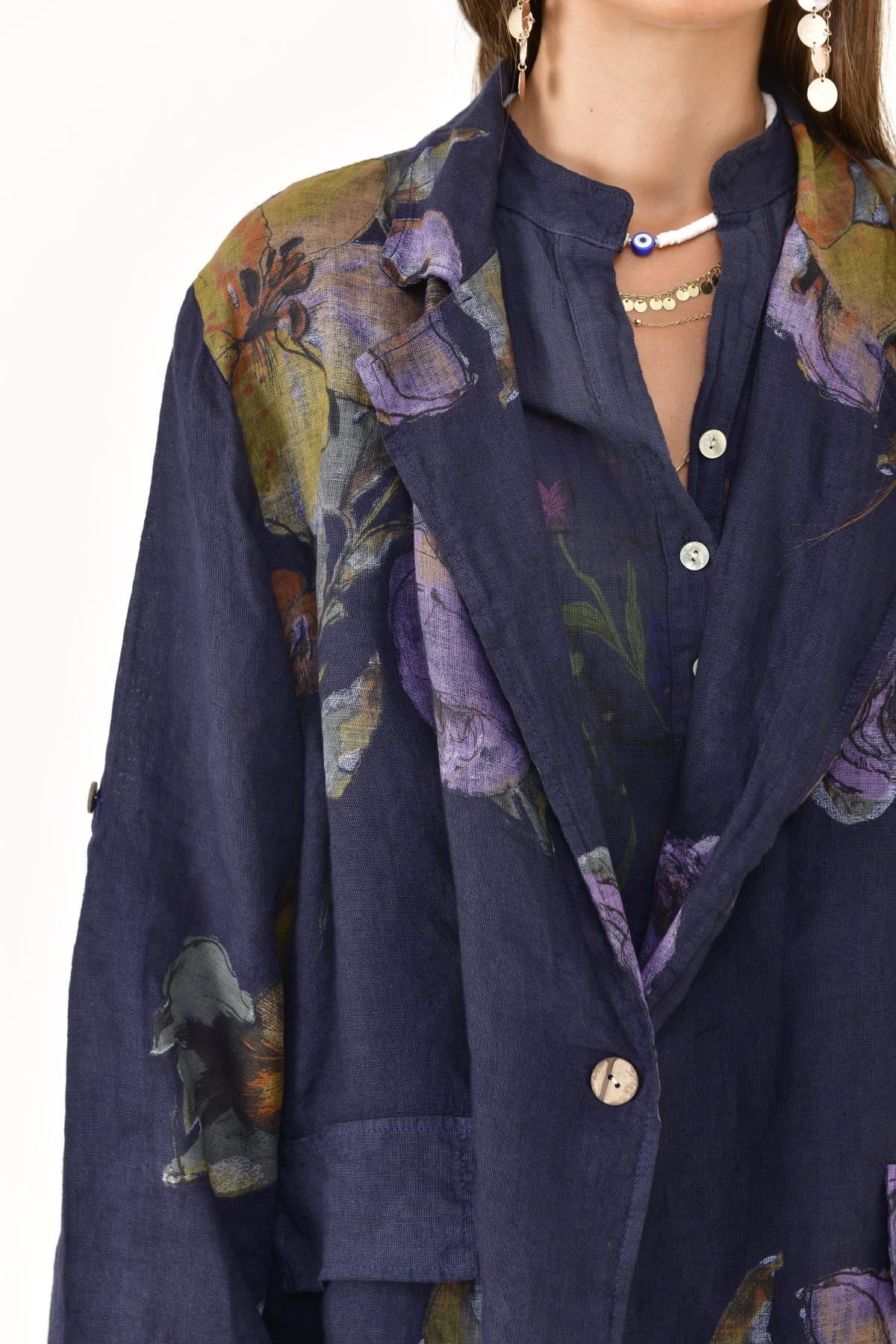 24397 SPRING ÇİÇEK DESEN BLAZER CEKETLİ 2'Lİ KETEN TAKIM