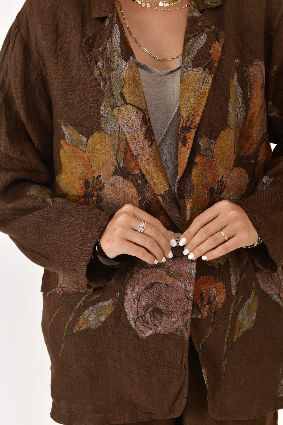 24397 SPRING ÇİÇEK DESEN BLAZER CEKETLİ 2'Lİ KETEN TAKIM