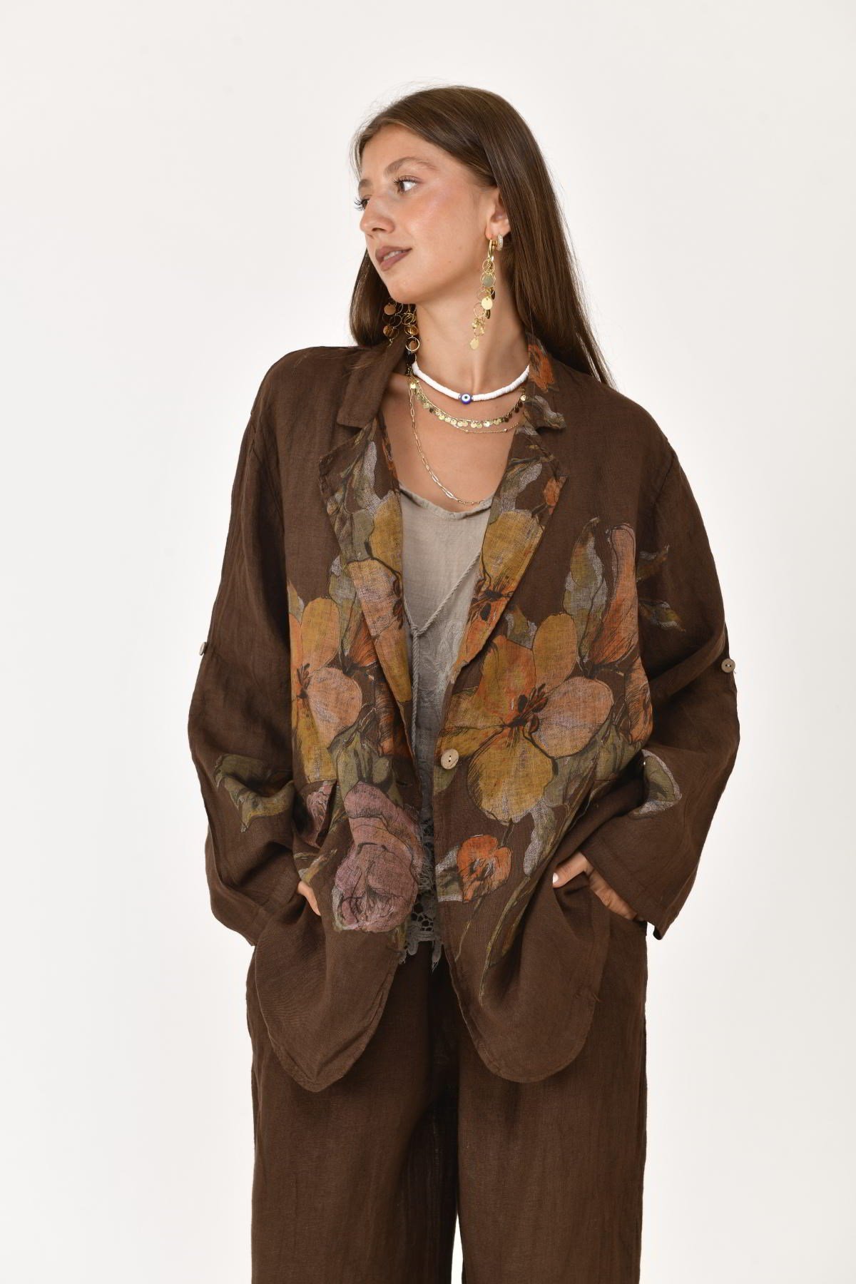 24397 SPRING ÇİÇEK DESEN BLAZER CEKETLİ 2'Lİ KETEN TAKIM