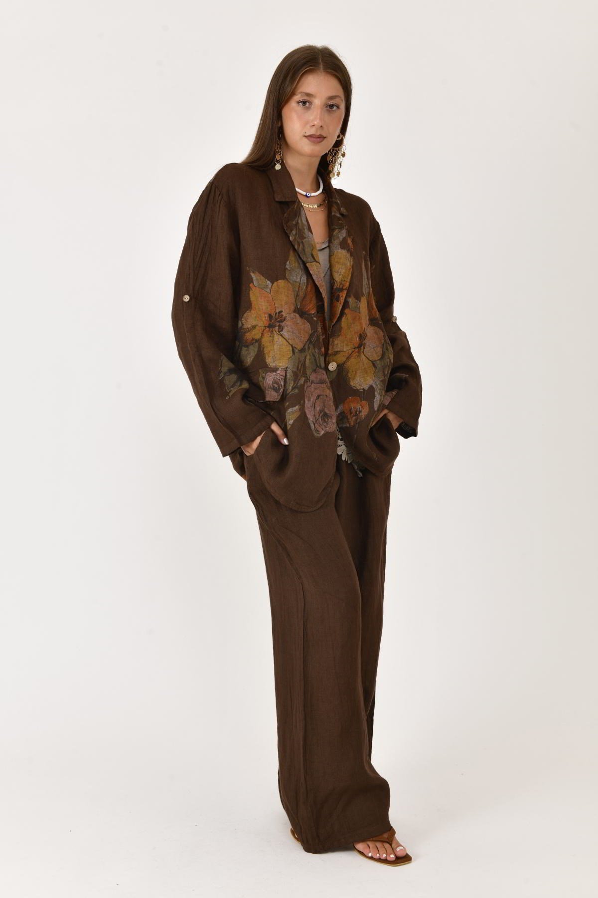 24397 SPRING ÇİÇEK DESEN BLAZER CEKETLİ 2'Lİ KETEN TAKIM