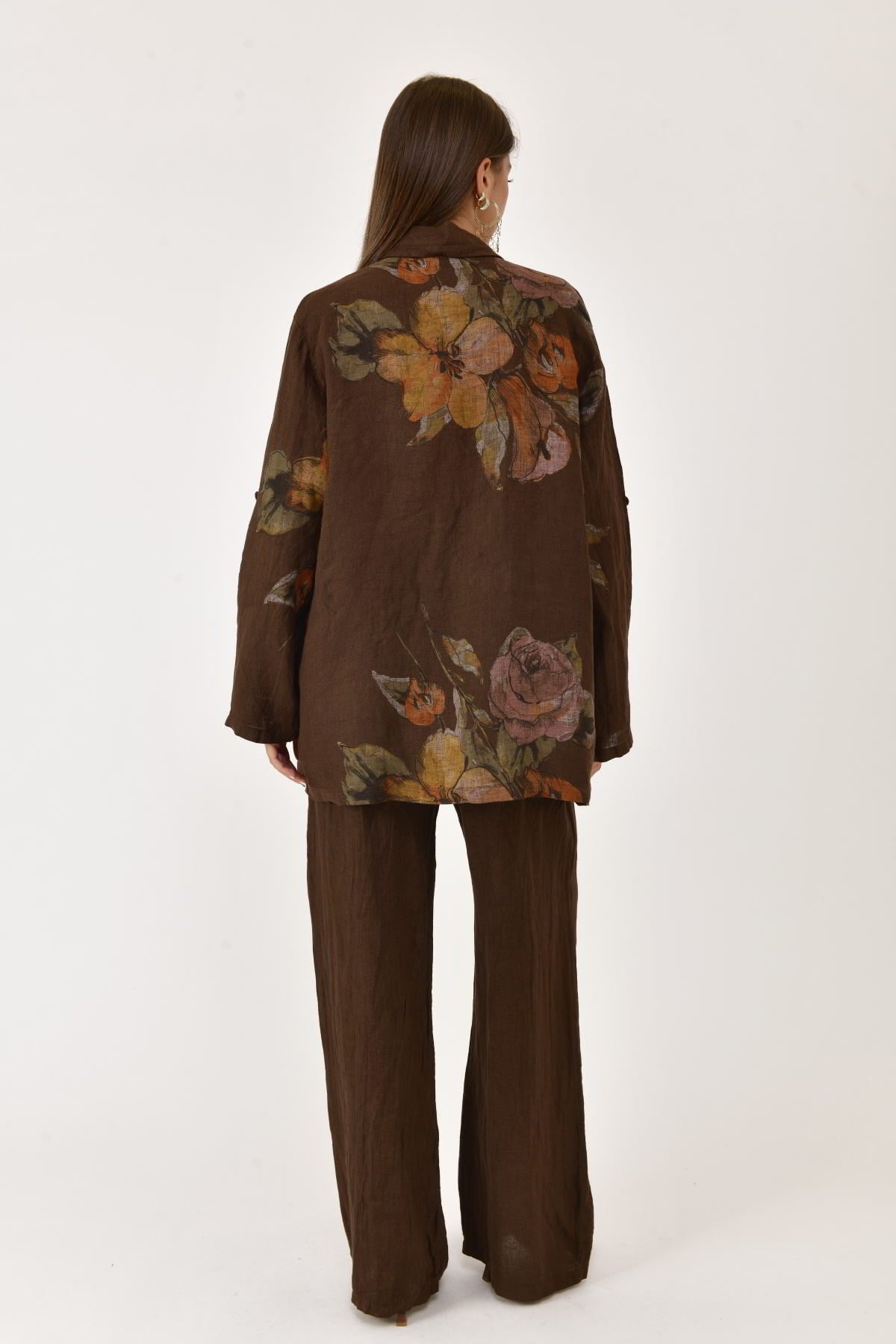 24397 SPRING ÇİÇEK DESEN BLAZER CEKETLİ 2'Lİ KETEN TAKIM