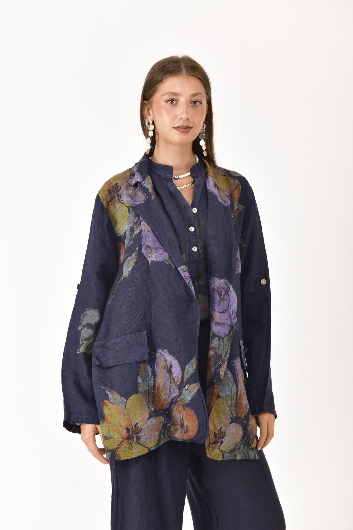 24397 SPRING ÇİÇEK DESEN BLAZER CEKETLİ 2'Lİ KETEN TAKIM