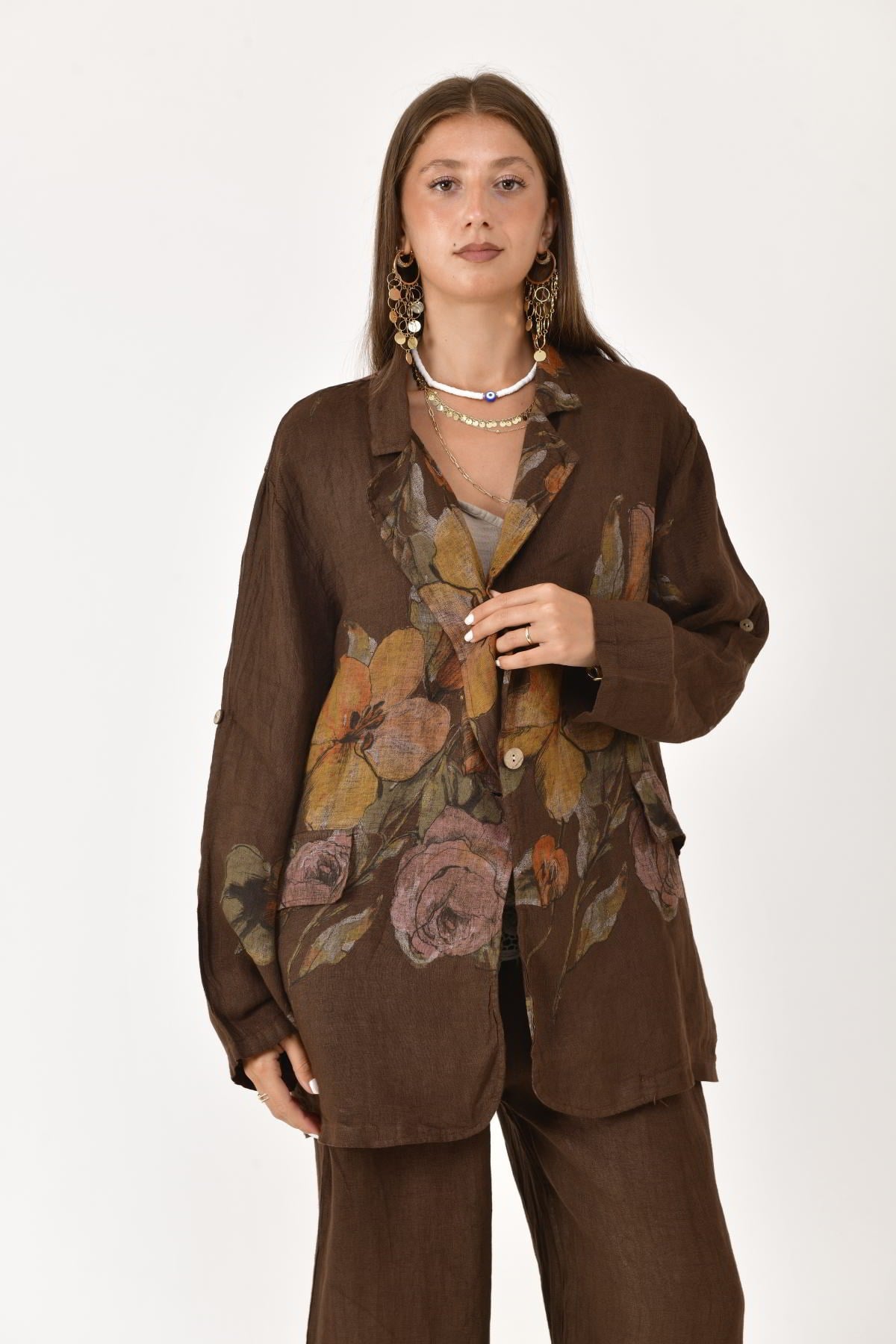 24397 SPRING ÇİÇEK DESEN BLAZER CEKETLİ 2'Lİ KETEN TAKIM