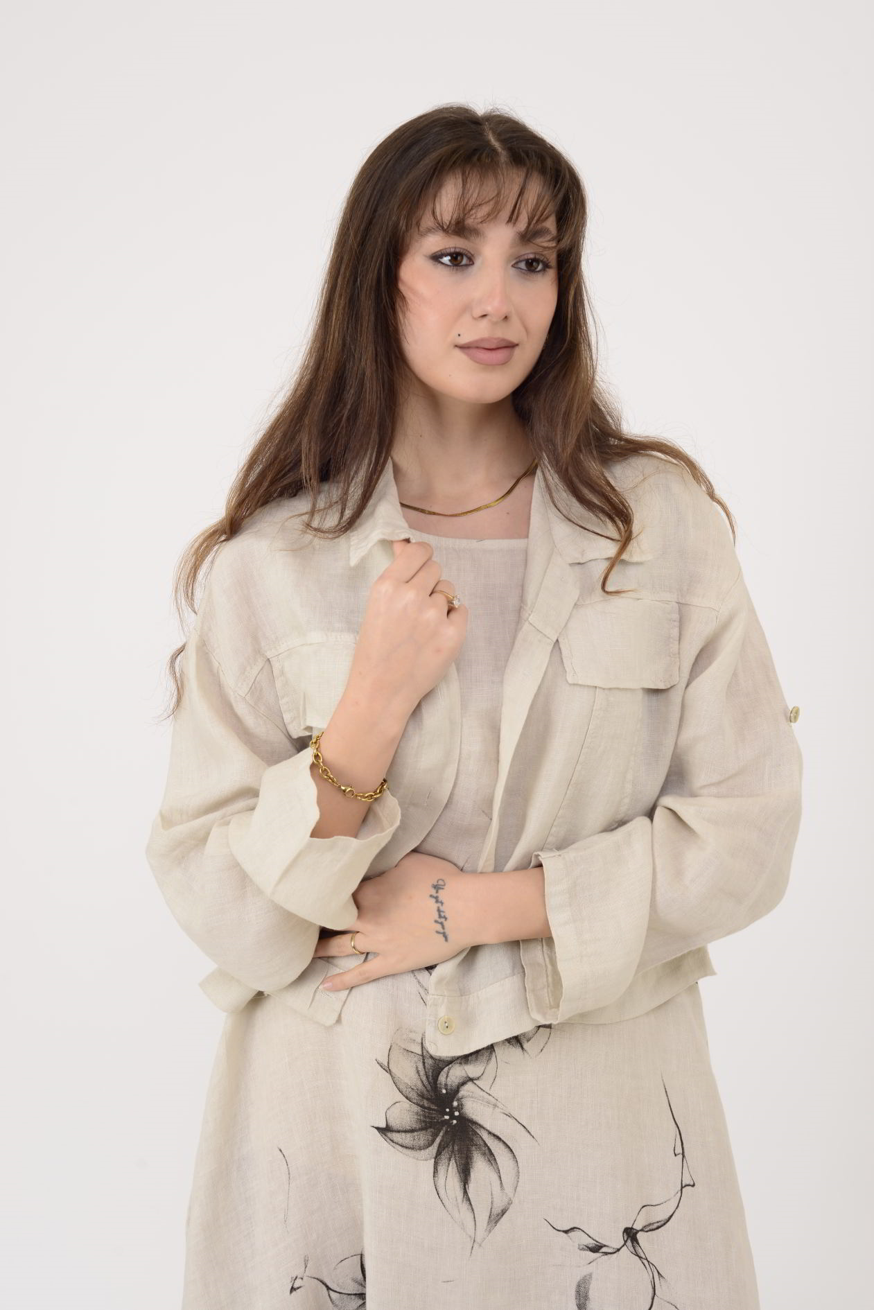 25001 ÇİÇEK DESEN 2'Lİ KETEN TAKIM ELBİSE