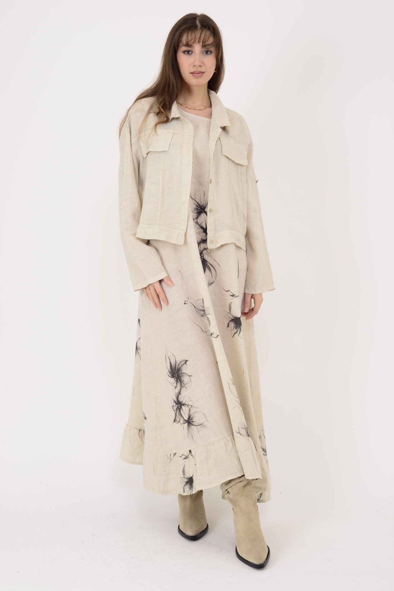 25001 ÇİÇEK DESEN 2'Lİ KETEN TAKIM ELBİSE