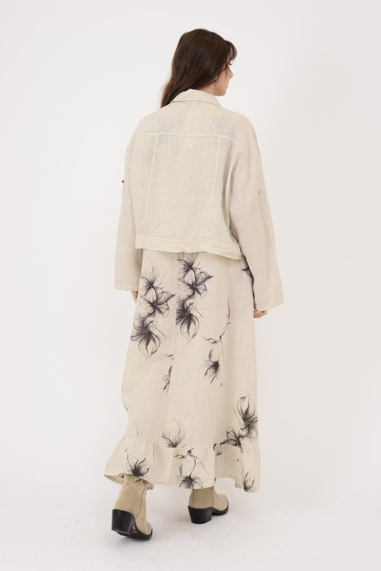 25001 ÇİÇEK DESEN 2'Lİ KETEN TAKIM ELBİSE