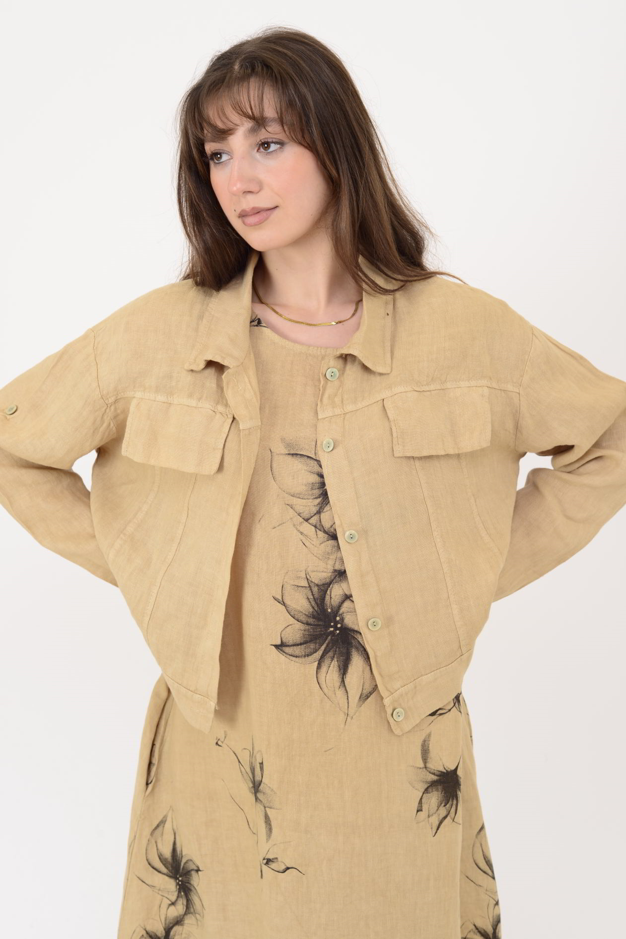 25001 ÇİÇEK DESEN 2'Lİ KETEN TAKIM ELBİSE