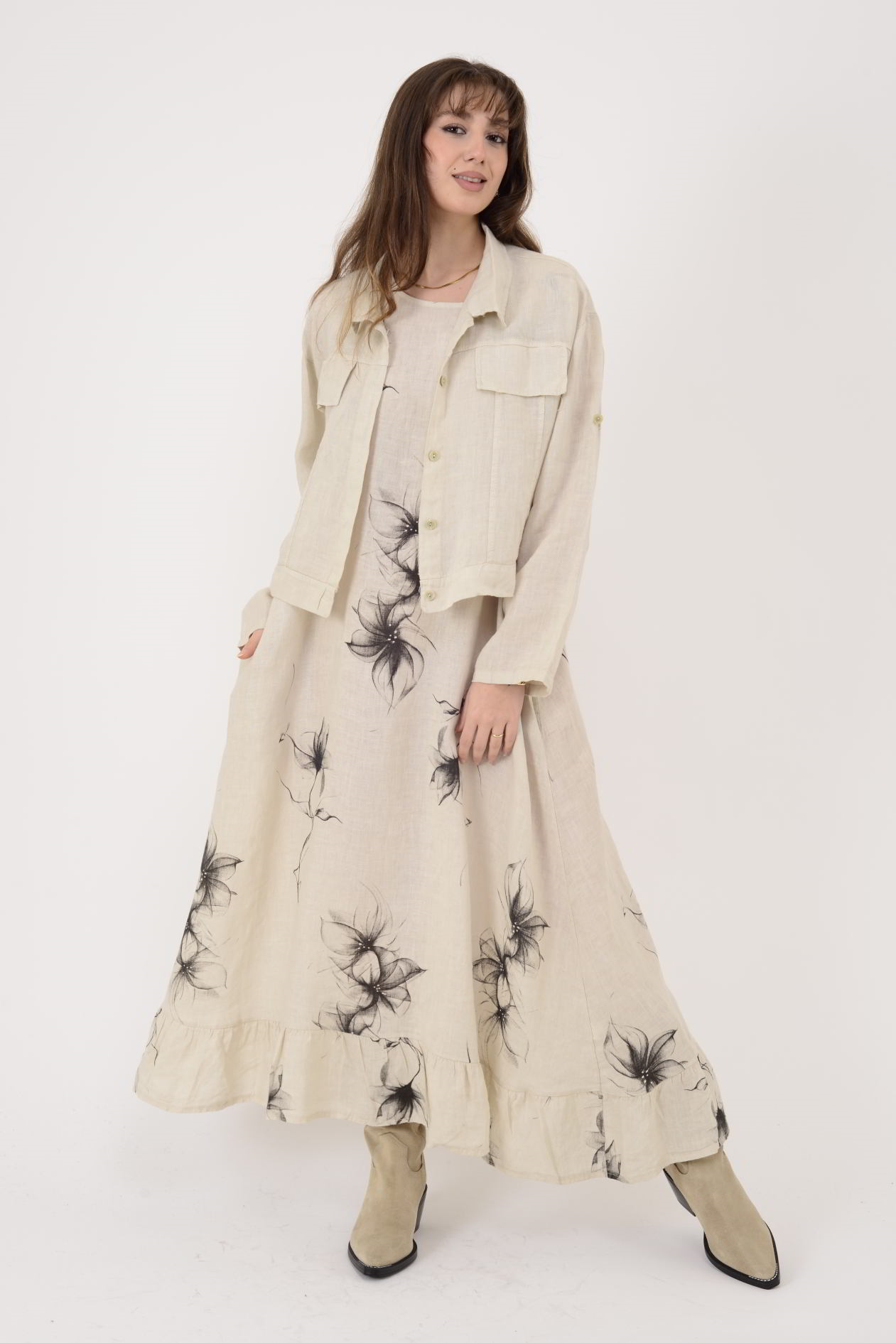 25001 ÇİÇEK DESEN 2'Lİ KETEN TAKIM ELBİSE