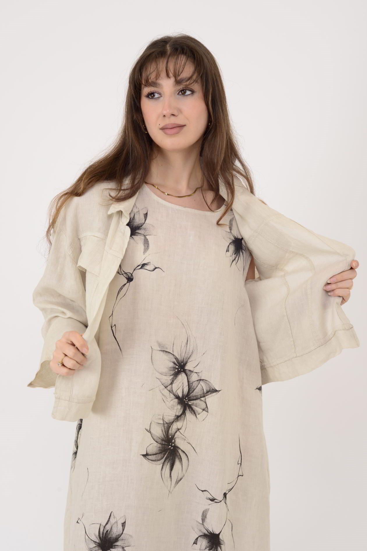 25001 ÇİÇEK DESEN 2'Lİ KETEN TAKIM ELBİSE