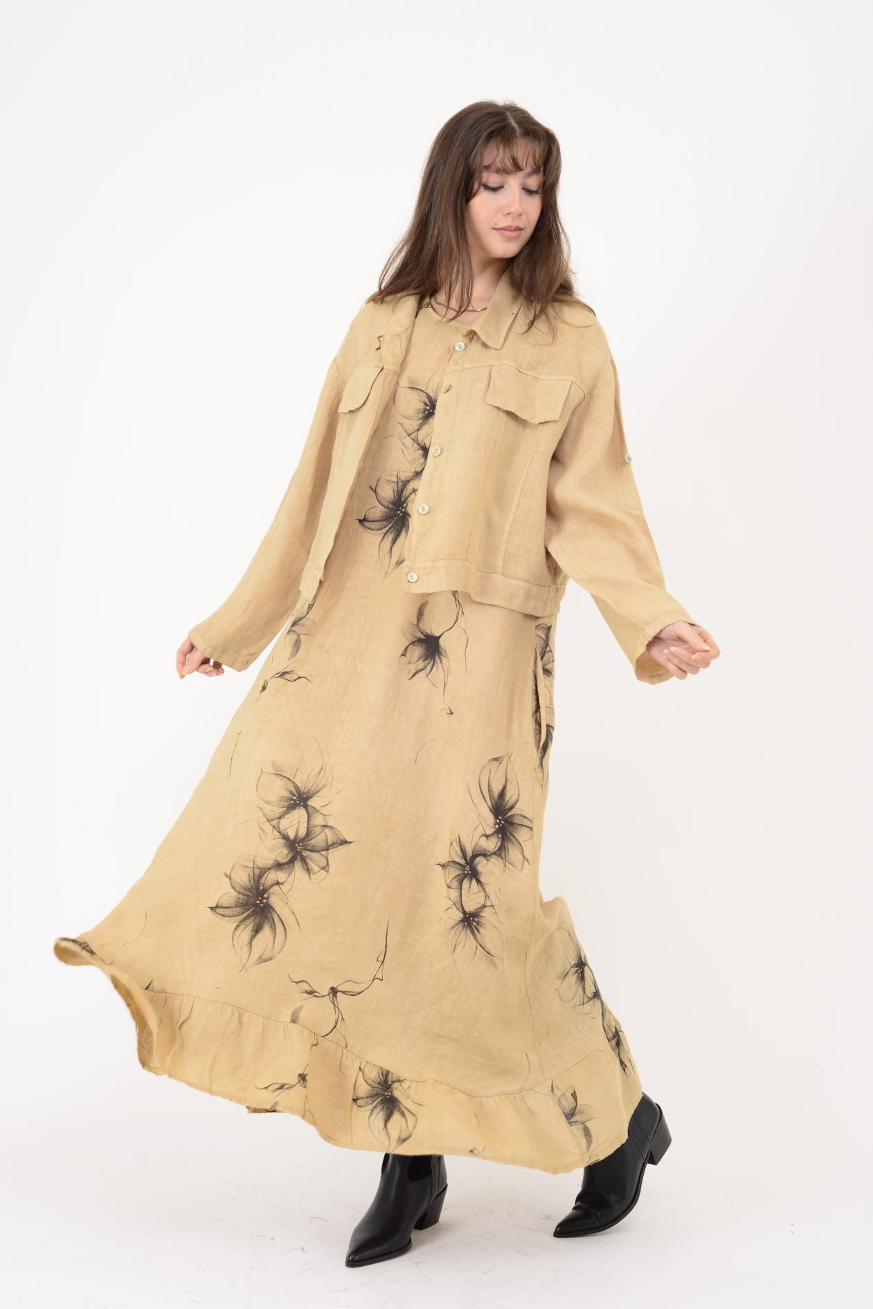 25001 ÇİÇEK DESEN 2'Lİ KETEN TAKIM ELBİSE