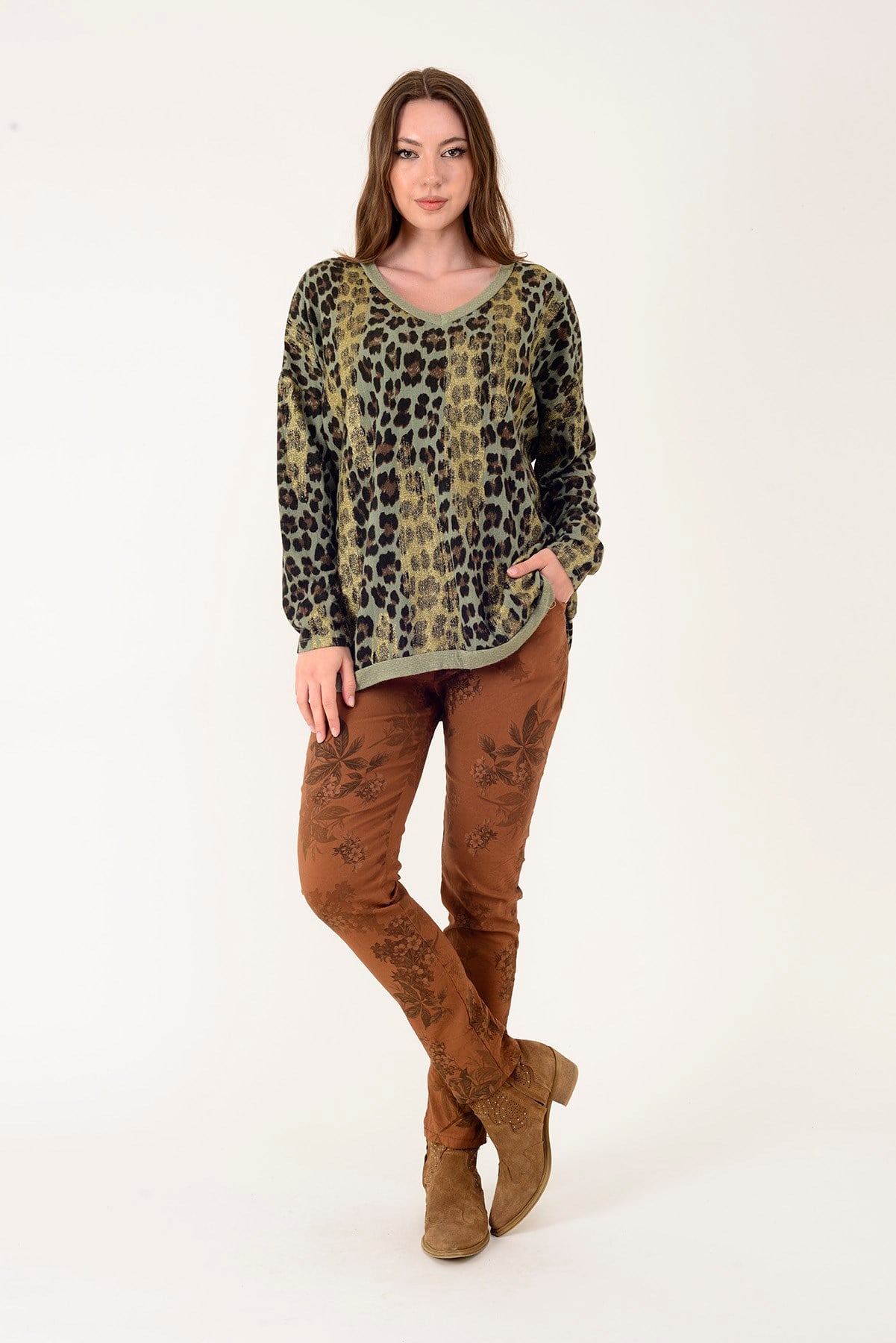 25192 LEOPAR DESEN SİMLİ TRİKO BLUZ