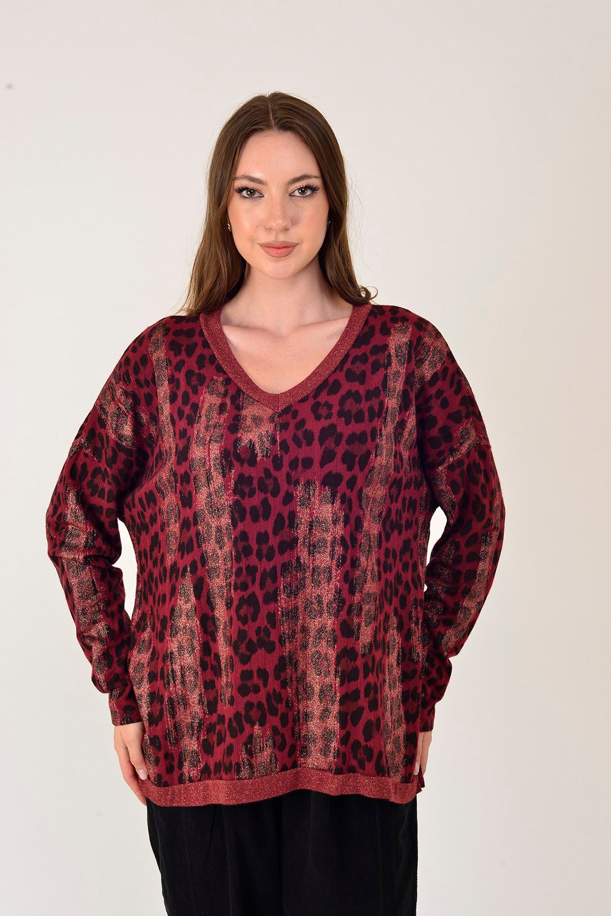 25192 LEOPAR DESEN SİMLİ TRİKO BLUZ