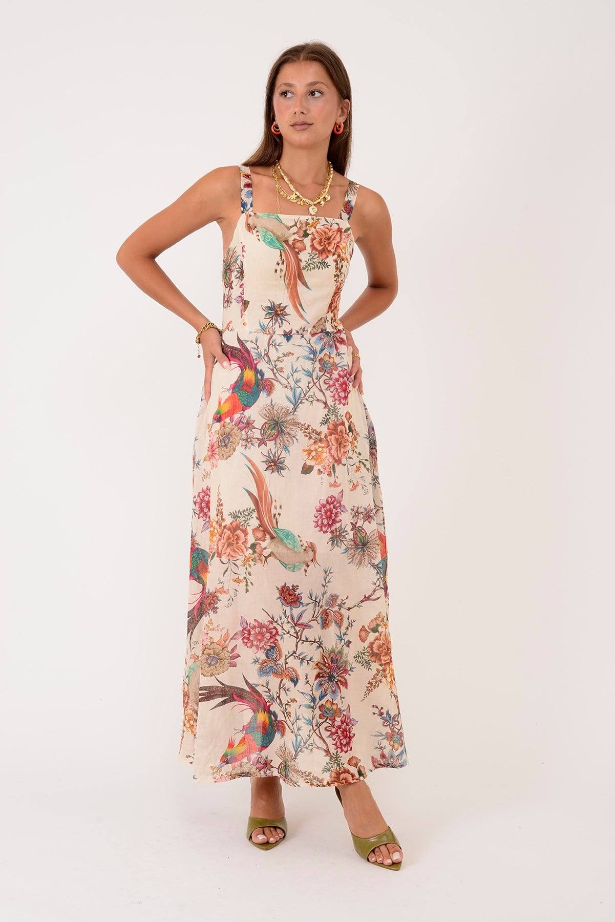 26586 TROPİKAL DESEN KARE YAKA ELBİSE