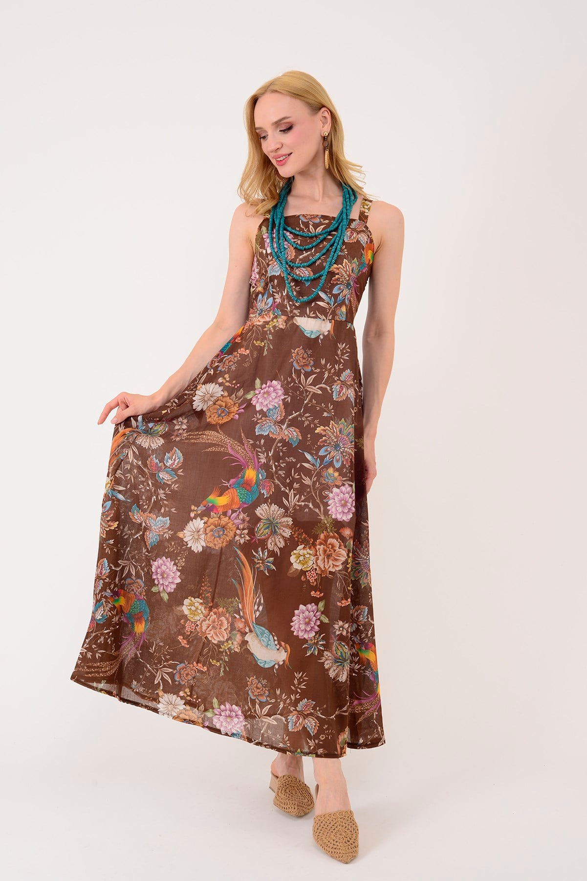 26586 TROPİKAL DESEN KARE YAKA ELBİSE