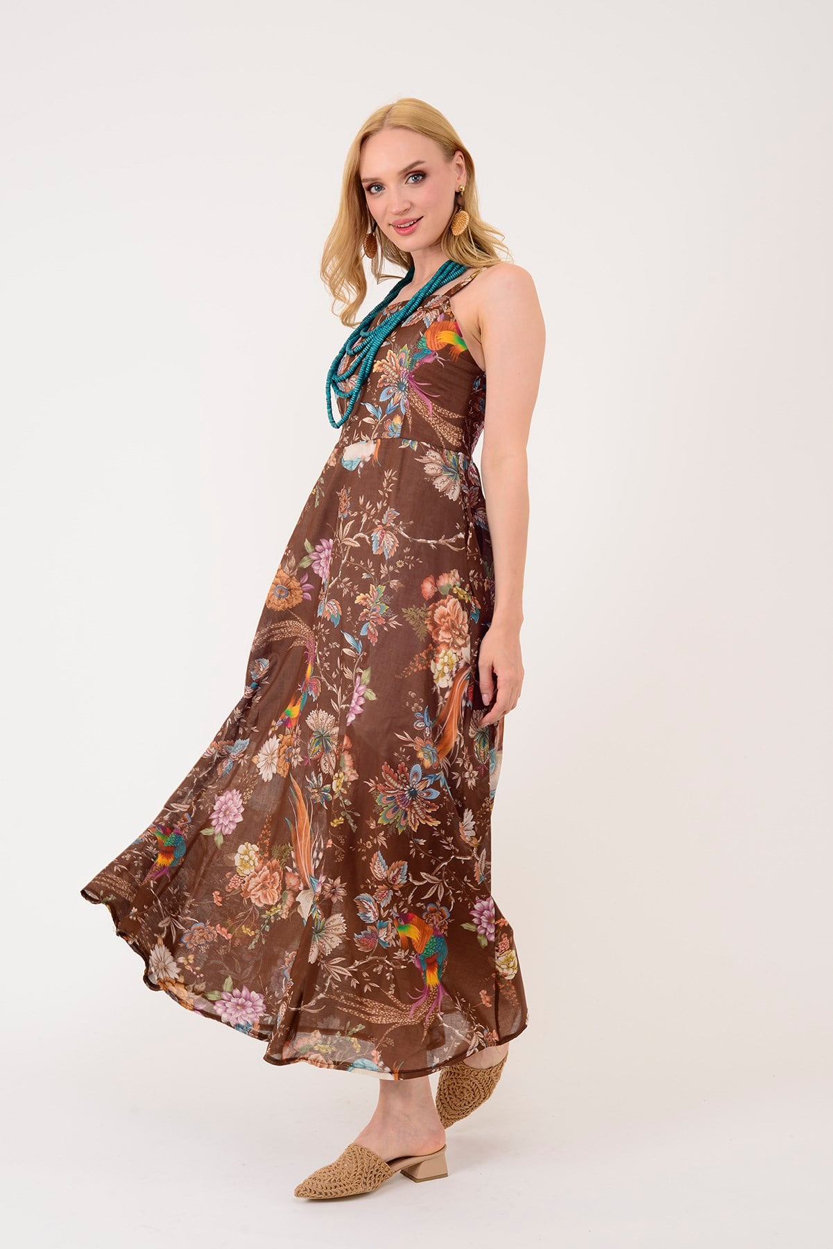 26586 TROPİKAL DESEN KARE YAKA ELBİSE