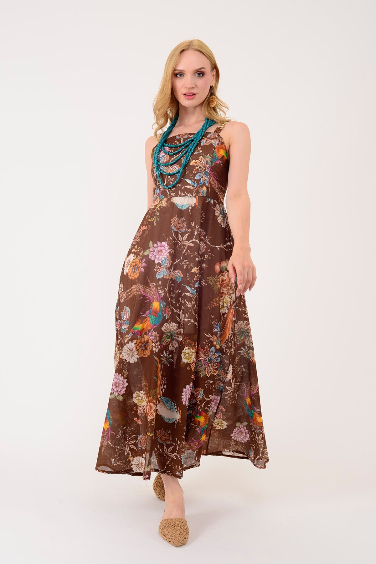 26586 TROPİKAL DESEN KARE YAKA ELBİSE