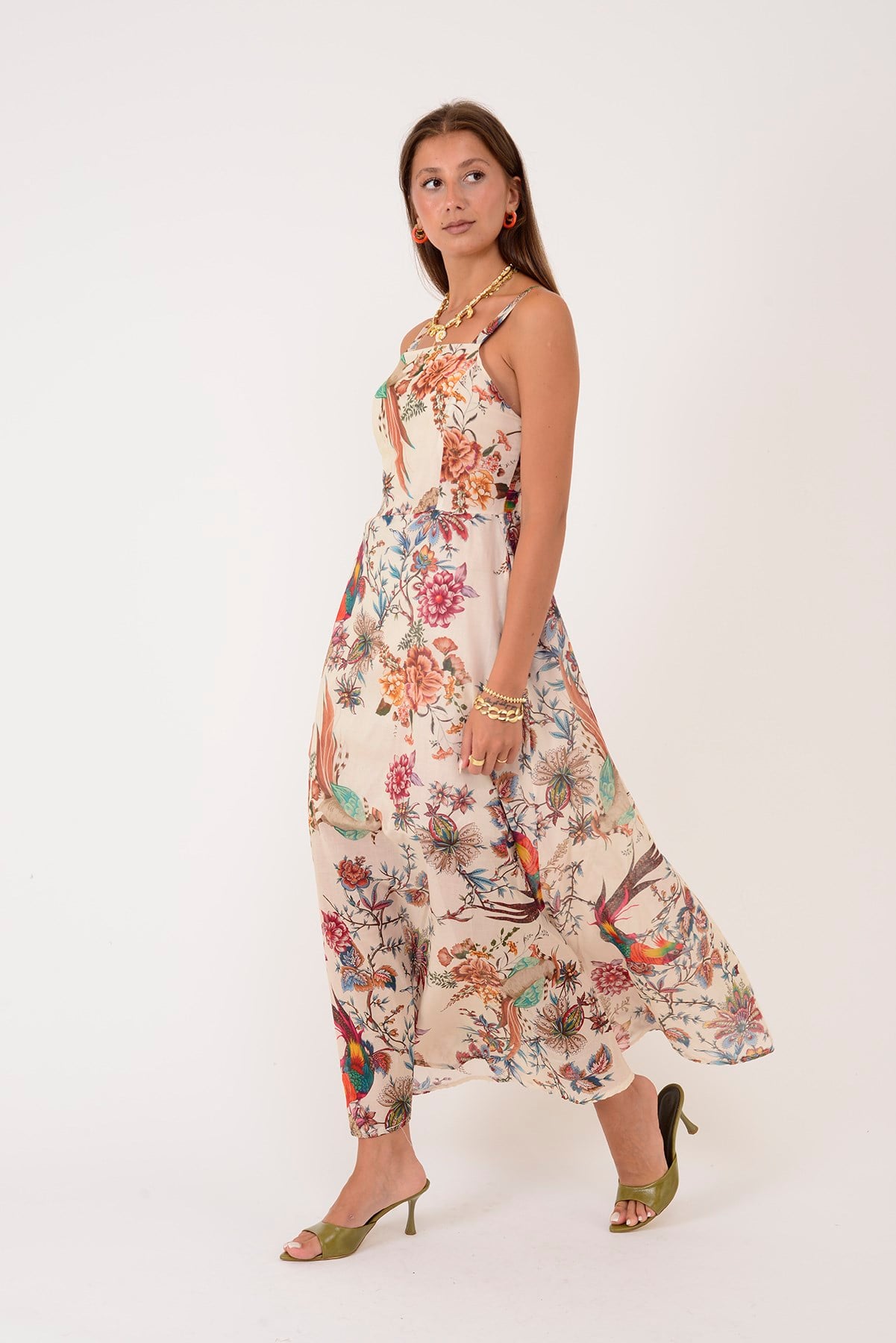 26586 TROPİKAL DESEN KARE YAKA ELBİSE