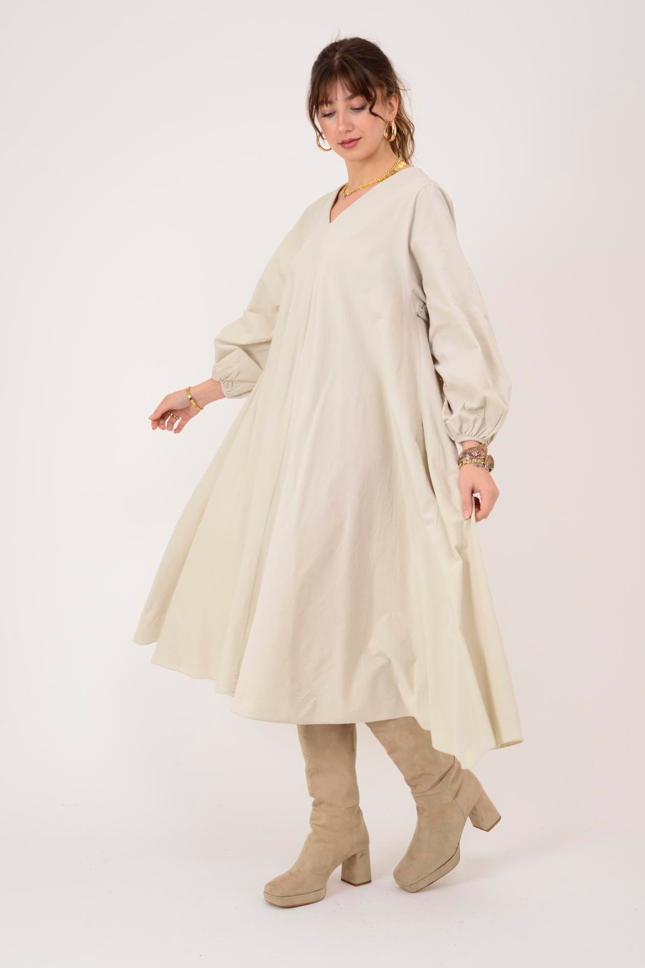 2752 LOVA BALON KOL DETAYLI V YAKA KADİFE ELBİSE