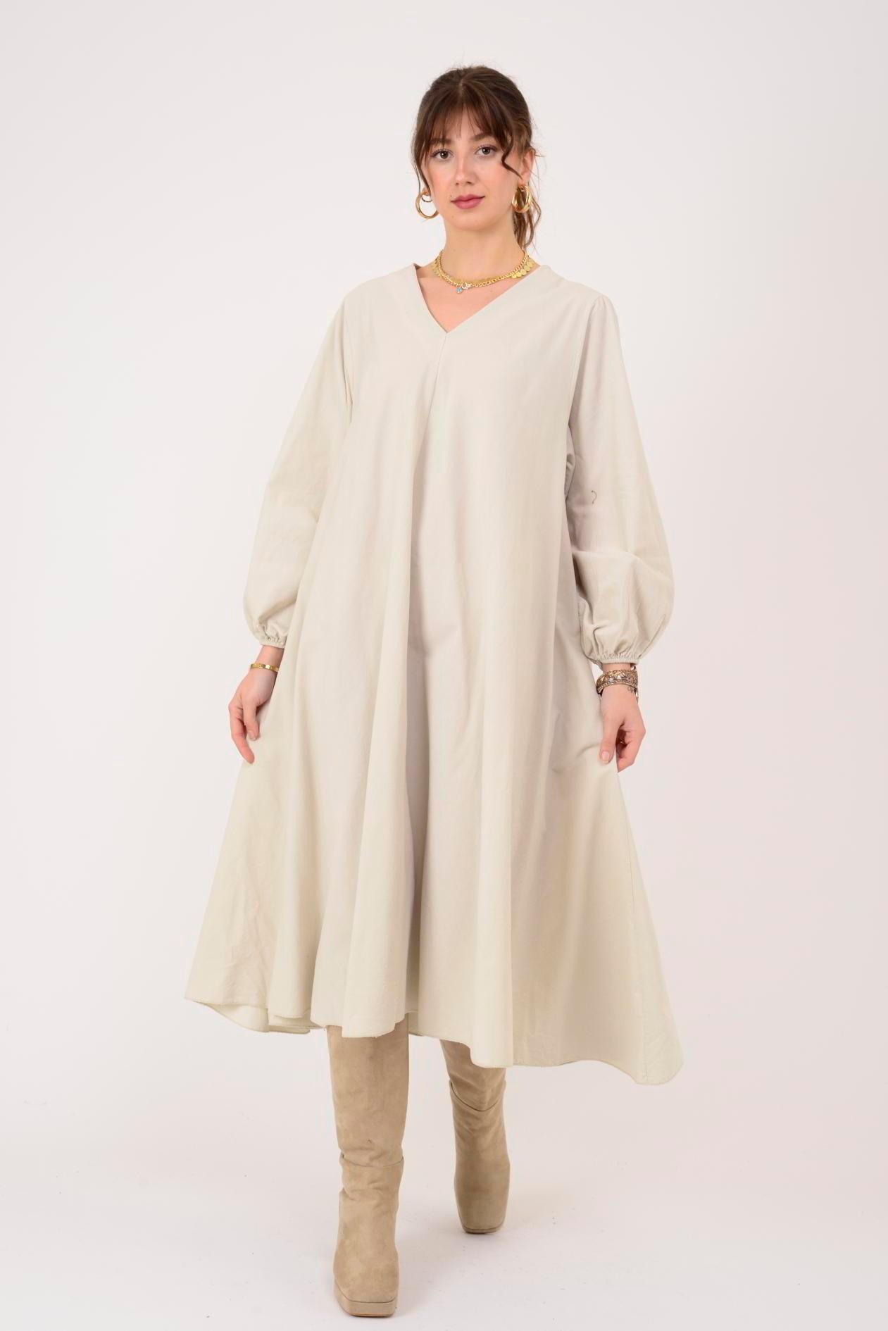 2752 LOVA BALON KOL DETAYLI V YAKA KADİFE ELBİSE